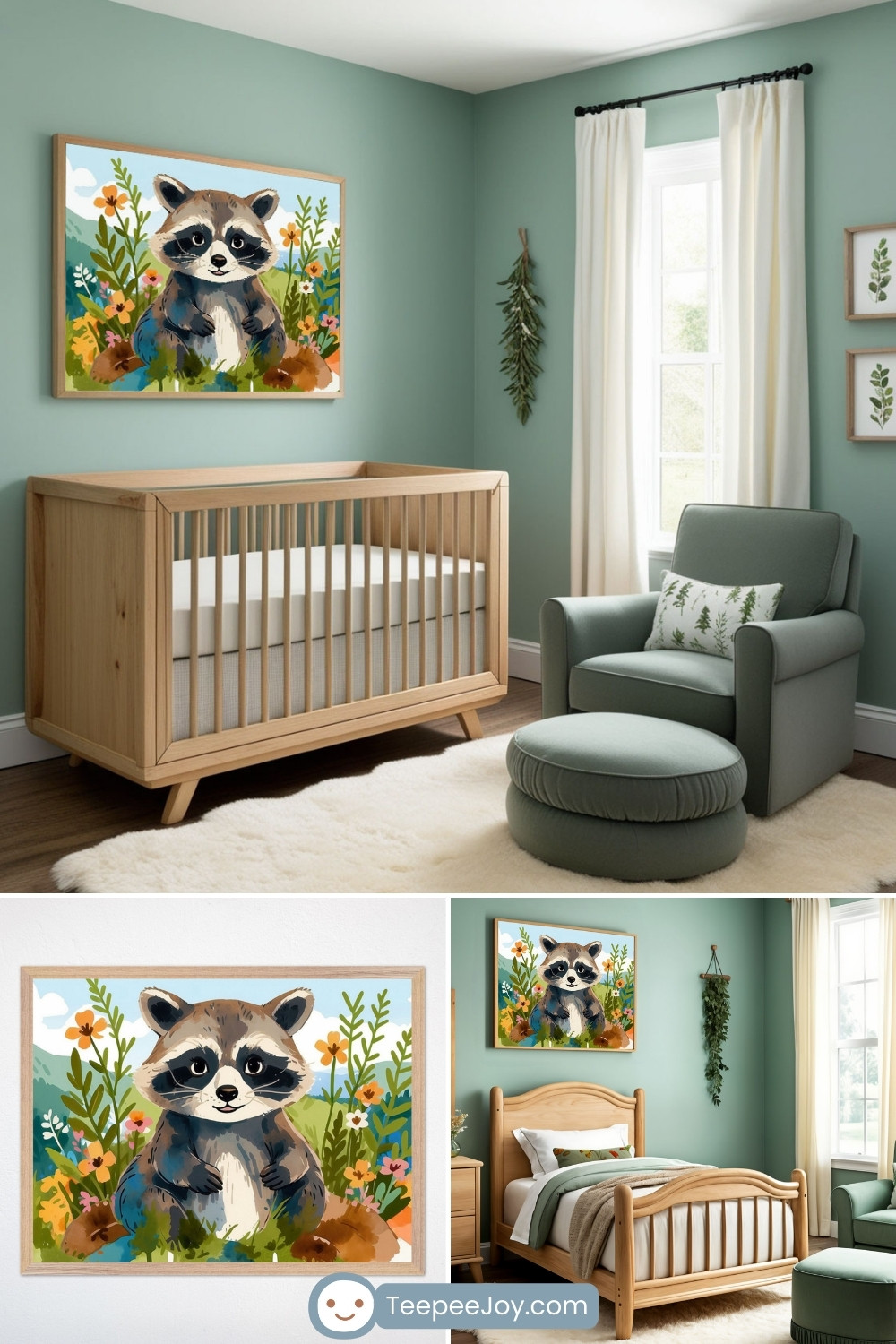 Woodland-themed nursery and bedroom with light green walls, featuring a natural wood crib and matching bed with sage green bedding. The room's centerpiece is a colorful framed illustration of a raccoon surrounded by flowers and greenery. Cozy details include a soft white rug, a green armchair with a forest-patterned pillow, and botanical wall decor, creating a vibrant and playful nature-inspired space.