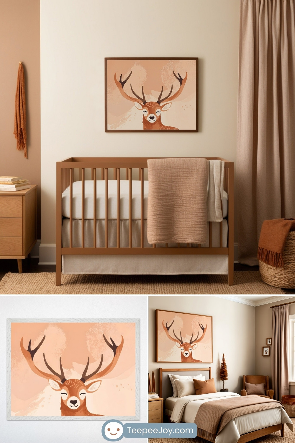 Deer-themed nursery and bedroom with warm beige and earthy tones, featuring a wooden crib and a bed with soft, neutral bedding. The centerpiece is a framed illustration of a serene deer with antlers, adding a whimsical touch. Cozy decor includes a woven basket, textured blankets, natural wood furniture, and beige curtains, creating a calming and harmonious woodland-inspired atmosphere.