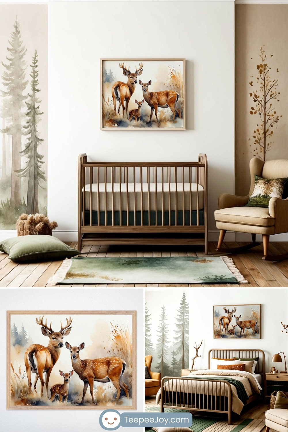 Nature-inspired nursery and bedroom featuring a wooden crib and bed with soft neutral bedding and green accents. The walls are decorated with a serene deer family illustration, complemented by tree and foliage murals for a woodland vibe. The room includes natural wood furniture, a green ombré rug, and cozy details like an upholstered armchair with a forest-themed pillow, creating a tranquil and inviting space.