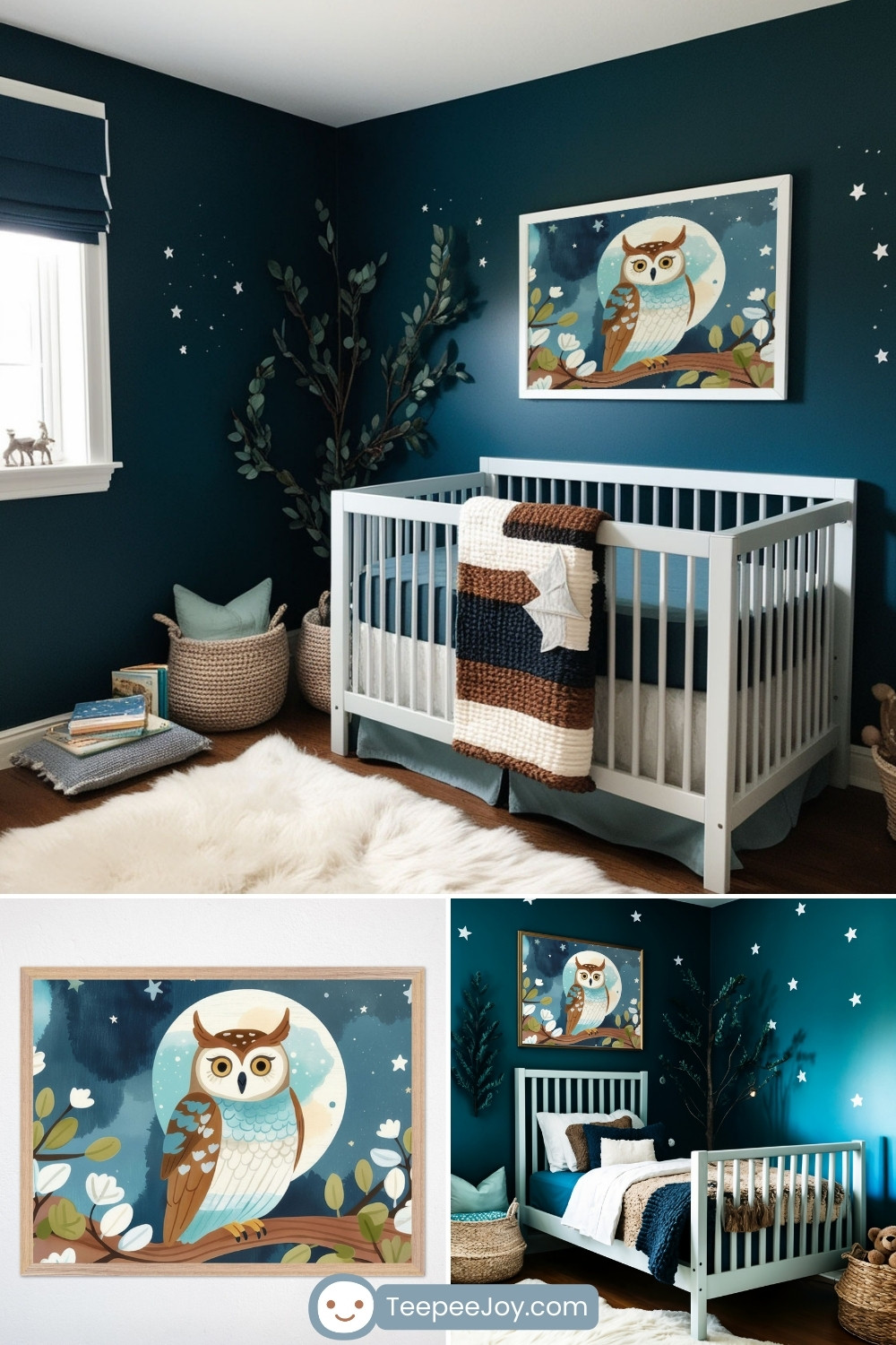 Forest-themed nursery and bedroom with deep teal walls, decorated with star decals and a framed illustration of an owl perched on a branch under a full moon. The space features a white crib and bed with blue bedding, complemented by a cozy knit blanket and soft textures like a white faux fur rug. Natural elements like woven baskets, a tree branch accent, and leafy decor bring the woodland theme to life, creating a tranquil and magical atmosphere.