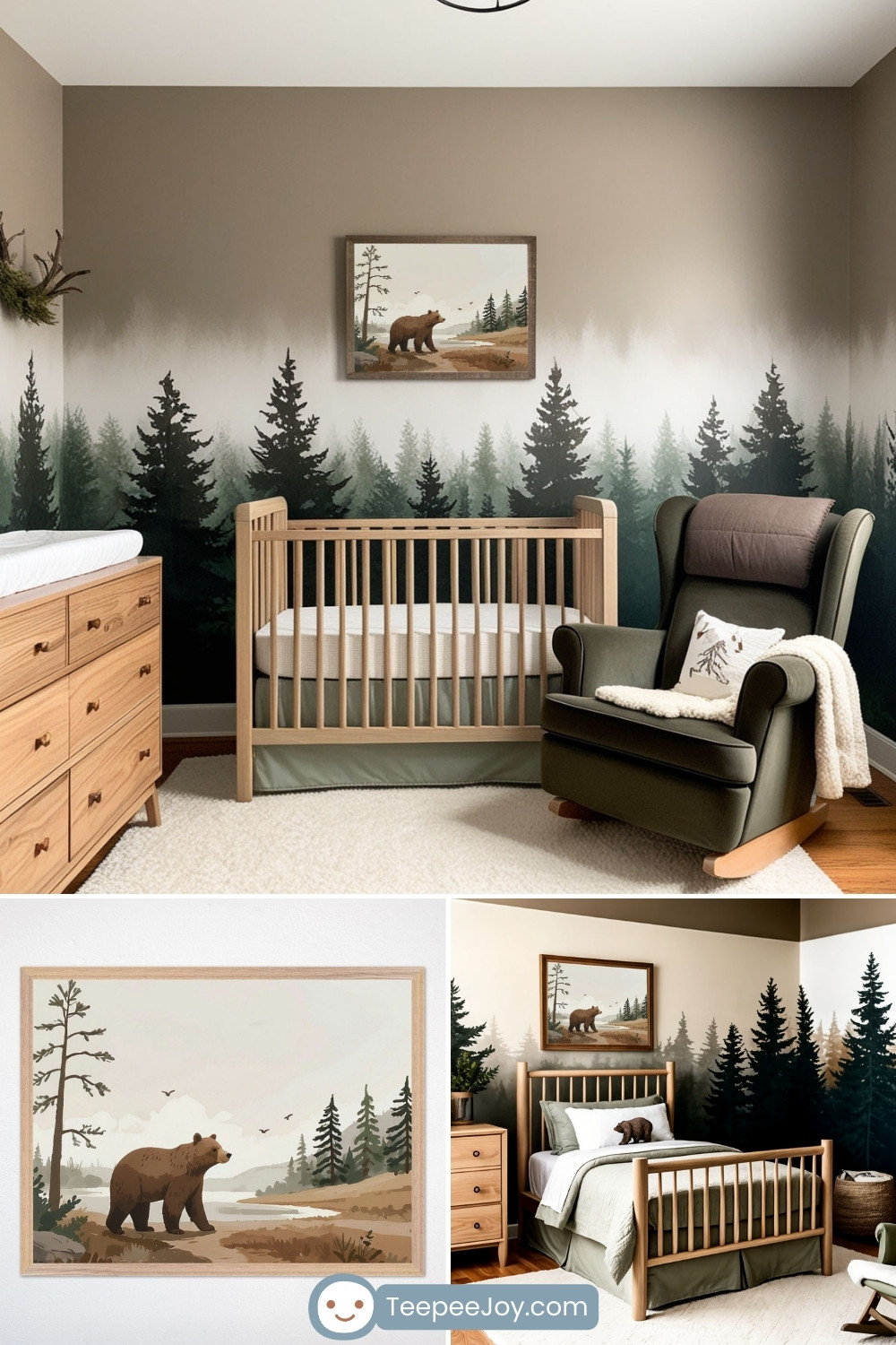 Rustic forest-themed nursery and bedroom featuring a natural wood crib and bed with green bedding, set against a wall mural of a misty evergreen forest. The room is accented by a framed painting of a bear in a serene woodland landscape, along with a cozy green rocking chair, a wooden dresser, and soft textiles like a cream rug. Subtle decor like branch accents and nature-inspired pillows enhance the tranquil, outdoor-inspired ambiance.