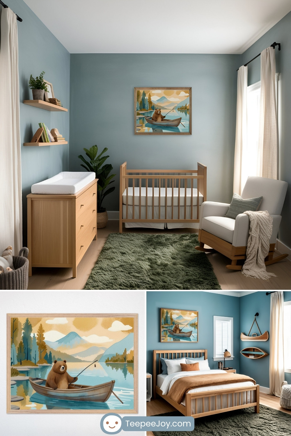 Nature-themed nursery and bedroom with soft blue walls, featuring a wooden crib and bed with warm neutral bedding. The centerpiece is a framed illustration of a bear fishing in a boat on a serene lake, surrounded by mountains and trees. The space is styled with natural wood furniture, a plush green rug, and cozy accents like a white rocking chair and wall-mounted canoe decor, creating a tranquil, outdoor-inspired atmosphere.