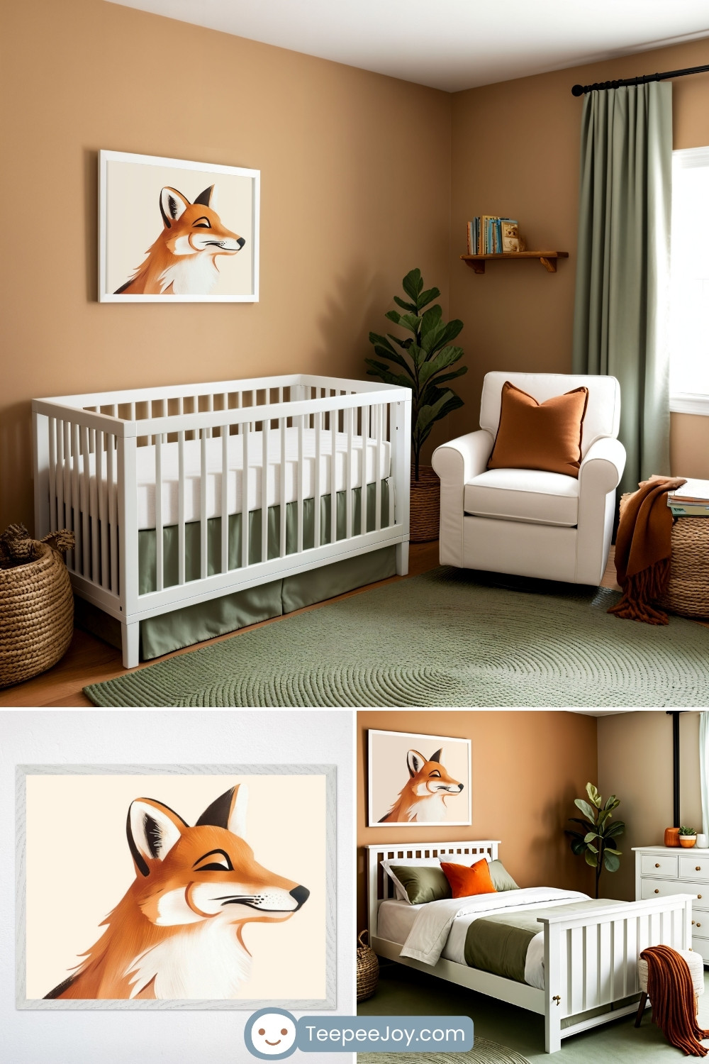 Gender-neutral woodland-themed nursery and bedroom featuring a white crib and matching bed with sage green and burnt orange bedding. The room is accented by a framed illustration of a fox, set against warm beige walls with green curtains and natural decor like woven baskets and a leafy plant. A cozy white armchair, a round green rug, and minimal wooden shelving add to the room's serene and balanced aesthetic.
