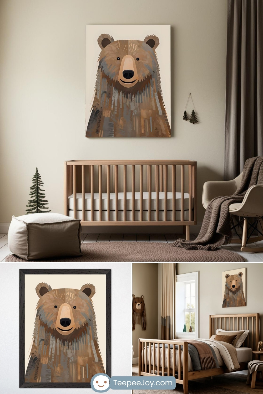 Rustic woodland-themed nursery featuring a minimalist brown wooden crib and matching bed with neutral bedding. The walls are adorned with a large, illustrated bear print and additional decor like small tree accents and a bear-shaped wall hanging. The space is styled with warm earthy tones, cozy textiles, and natural light, creating a calming and inviting atmosphere.
