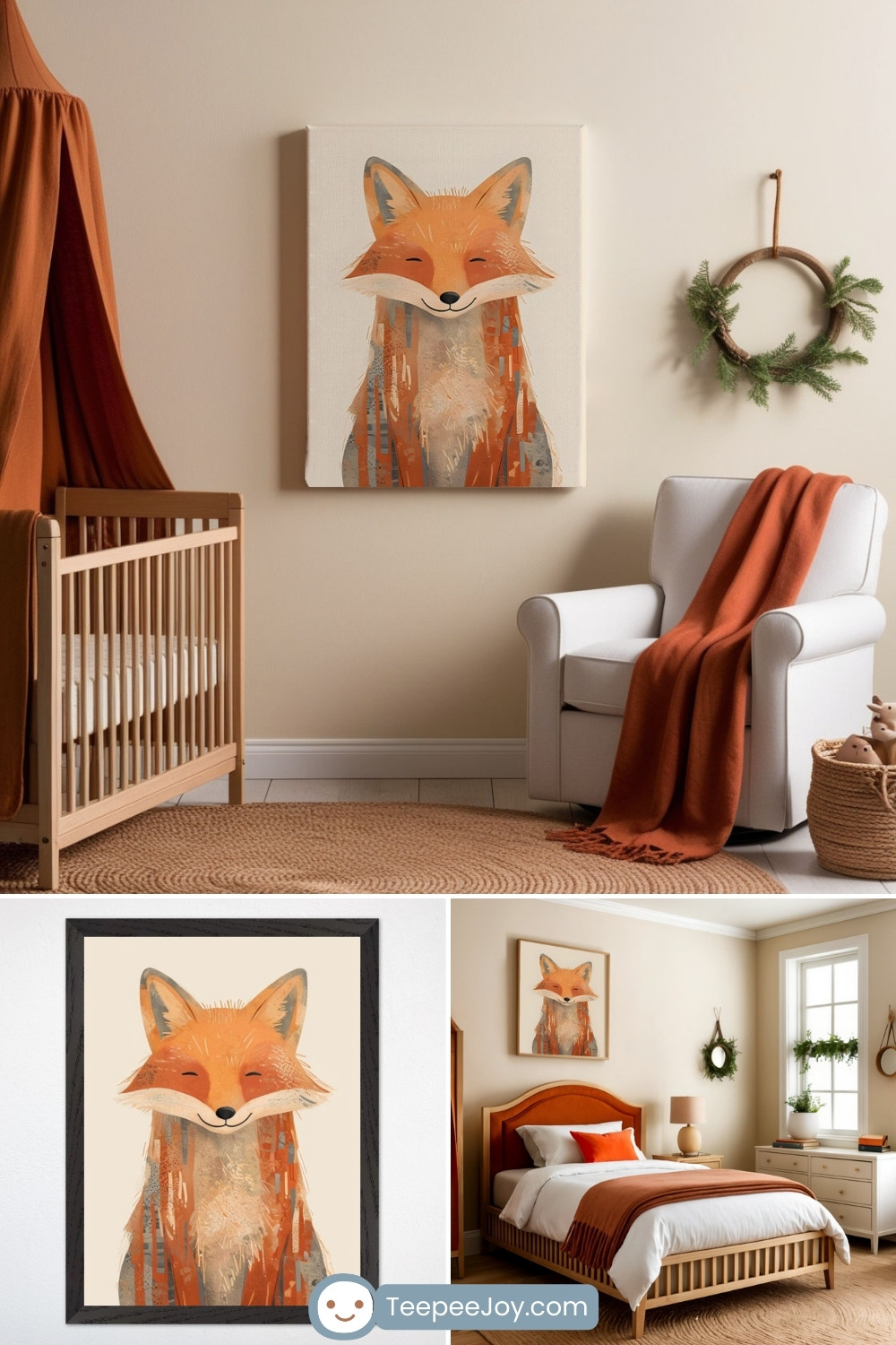 Warm and inviting woodland-themed nursery and bedroom with a natural wood crib and bed, accented by earthy orange and beige tones. A framed illustration of a fox serves as the room's focal point, complemented by an orange canopy, a woven rug, and a white armchair draped with an orange throw blanket. Minimalist decor, including wreaths and natural wood furniture, creates a cozy and serene atmosphere with a whimsical touch.