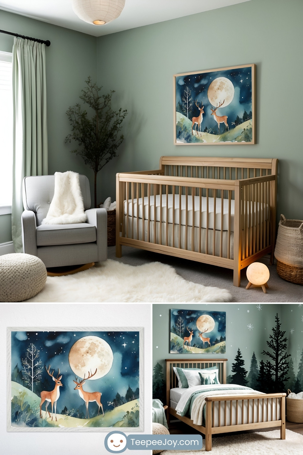 Whimsical woodland-themed nursery and bedroom with sage green walls, featuring a natural wood crib and bed with white and green bedding. A framed illustration of two deer under a glowing full moon and starry night sky serves as the focal point. Cozy accents include a soft faux fur rug, a grey armchair with a fluffy throw, woven baskets, and a tree-like plant, creating a serene, nature-inspired space.