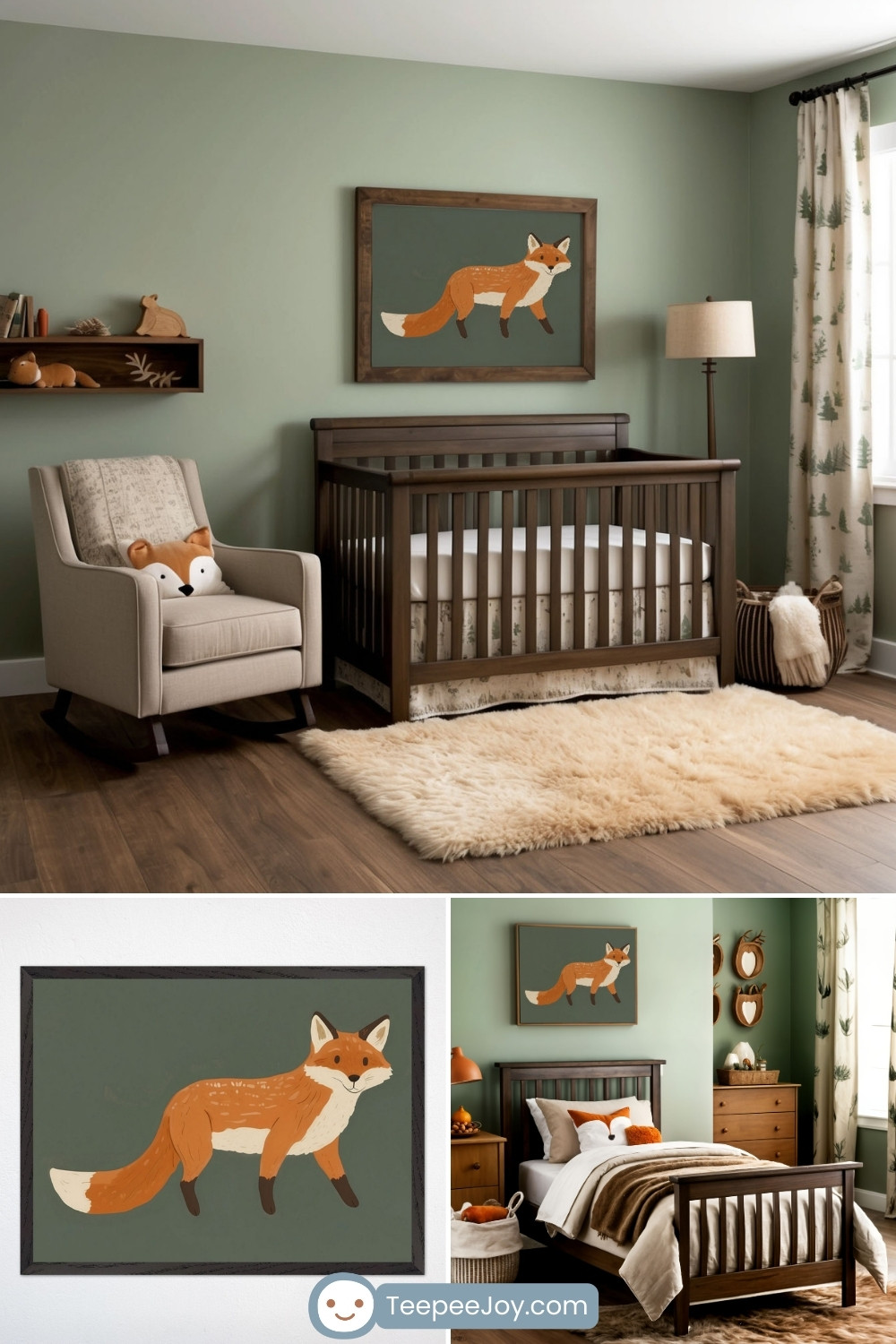 Woodland-themed nursery and bedroom featuring a dark wooden crib and bed with cozy neutral bedding. The walls are painted soft green, complemented by a framed fox illustration and nature-inspired decor, including tree-patterned curtains and fox accents like pillows and toys. The space includes a cream rocking chair, a plush rug, and natural wood flooring, creating a warm and serene environment.