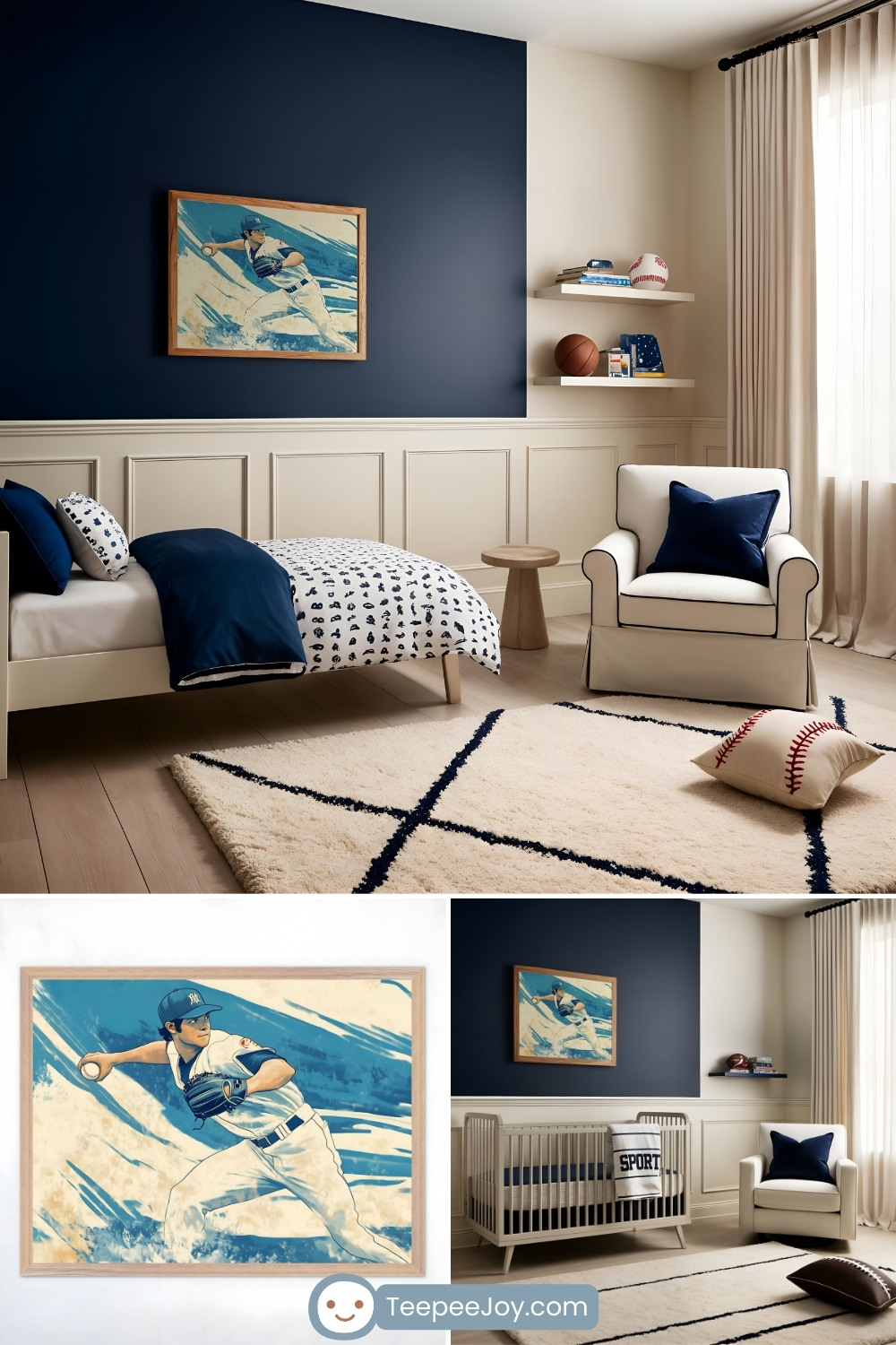 Baseball-inspired boys' bedroom with a navy and cream palette, featuring a twin bed with navy and baseball-themed bedding. The decor includes a framed illustration of a baseball player pitching, a cozy armchair with a navy pillow, and a white rug with navy geometric patterns. A crib and shelves displaying sports decor, including a baseball and basketball, complete the room's sporty and stylish design.