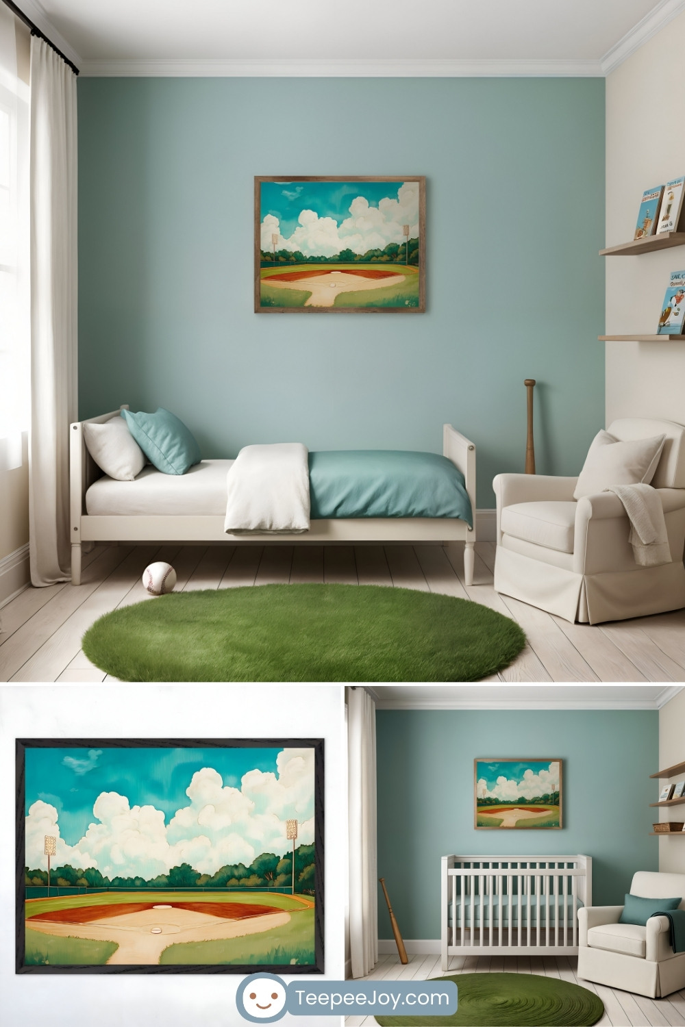 Serene baseball-themed boys' bedroom with soft green and cream accents, featuring a framed illustration of a baseball field under a bright blue sky. The room includes a twin bed with light green bedding, a round green rug resembling grass, and a cozy armchair. A wooden bat, a baseball, and a crib add charming touches to the sporty and relaxed decor.