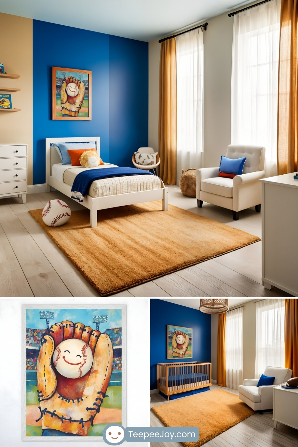 Vibrant baseball-themed boys' bedroom with a blue and orange color palette. The room features a twin bed with white, blue, and orange bedding, a soft orange rug, and a framed illustration of a smiling baseball caught in a glove. Additional decor includes a cozy armchair with colorful pillows, a crib, and playful accents like a large toy baseball, creating a cheerful and sporty atmosphere.