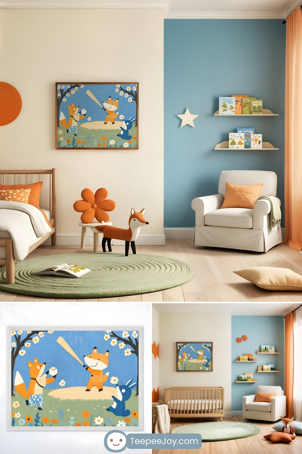 Playful animal-themed children's bedroom with soft blue and cream walls, featuring a framed illustration of cartoon foxes and a bunny playing baseball in a floral meadow. The room includes a wooden bed with orange accents, a green circular rug, a cozy armchair, and shelves holding colorful books. Charming details like a fox plush toy, a flower-shaped cushion, and orange curtains add a whimsical and inviting touch.