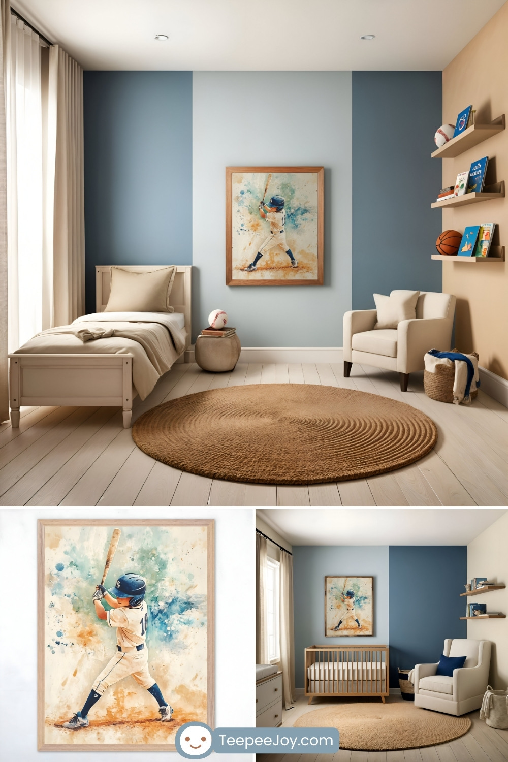 Calm and sporty boys' bedroom with a beige and blue color palette, featuring a framed watercolor-style illustration of a young baseball player holding a bat. The room includes a simple wooden bed with neutral bedding, a round woven rug, and shelves displaying books and sports decor, including a basketball and baseball. A cozy armchair and crib complete the functional and stylish design.