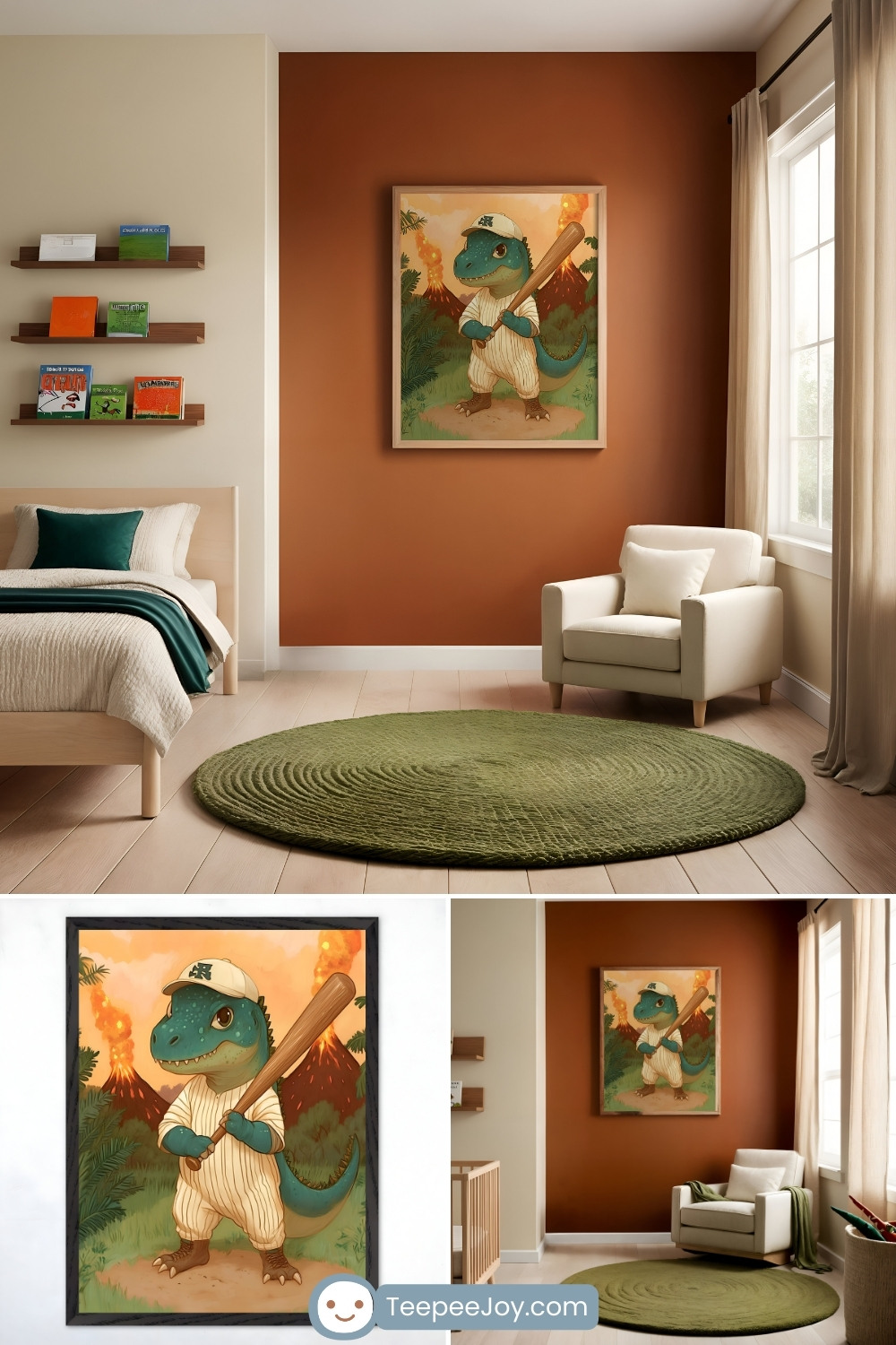 Cozy kids' room with a playful baseball-themed decor. The focal point is a framed illustration of a cartoon dinosaur dressed in a vintage baseball uniform, holding a bat against a background of lush greenery and erupting volcanoes. The room features warm orange and beige walls, a soft green circular rug, a neatly made bed with green accents, and a white armchair by a sunlit window, creating a vibrant and inviting atmosphere.