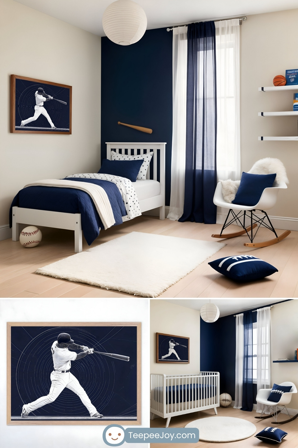 Stylish baseball-themed boys' bedroom featuring a navy and white color scheme. A twin bed with navy and polka-dot bedding sits against a wall with a framed illustration of a baseball player swinging a bat. The room includes a rocking chair with a navy pillow, a baseball bat mounted as decor, a baseball on the floor, a white rug, and a crib in a matching color scheme.