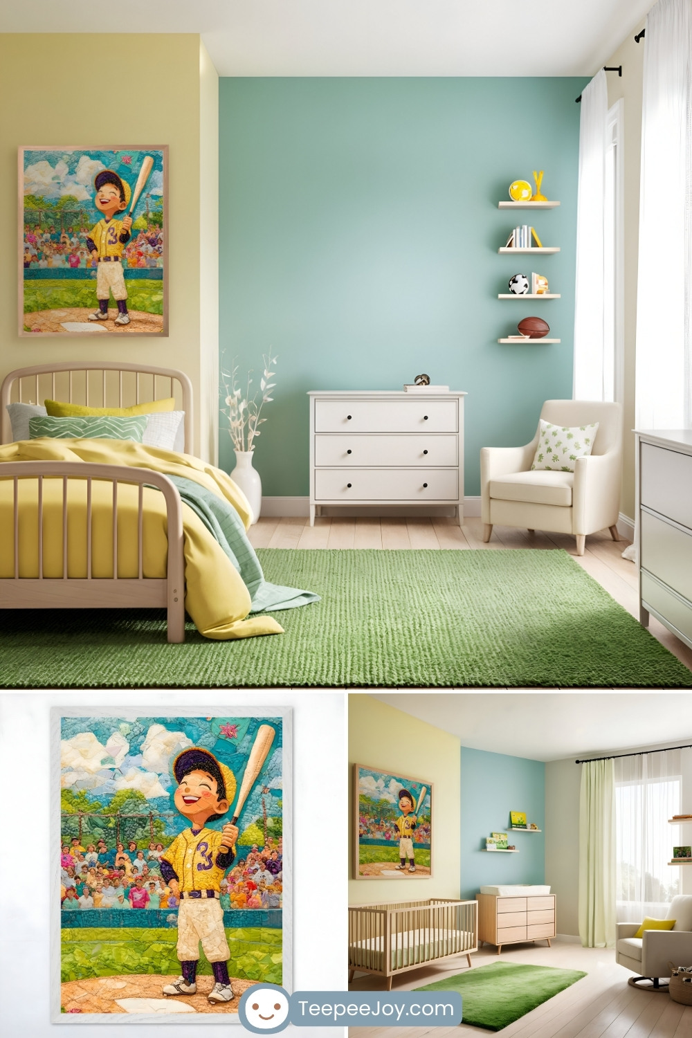 Bright and cheerful kids' room with a baseball theme, featuring a framed illustration of a smiling child in a yellow baseball uniform holding a bat, standing on a field with a vibrant cheering crowd in the background. The room includes soft yellow and teal walls, a cozy bed with yellow and green bedding, a green rug, and minimal white furniture, including a dresser and a crib. The space is decorated with playful details like shelves holding sports-themed items and a comfortable armchair by a sunlit window, creating a lively and inviting atmosphere.