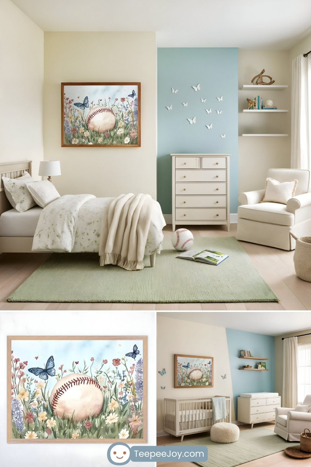 Serene kids' room with soft pastel tones and a subtle baseball theme. The centerpiece is a framed watercolor illustration of a baseball resting in a meadow of colorful wildflowers, surrounded by butterflies. The room features beige and pale blue walls, a cozy bed with floral bedding, a light green rug, and simple white furniture, including a dresser, crib, and armchair, creating a peaceful and charming atmosphere.