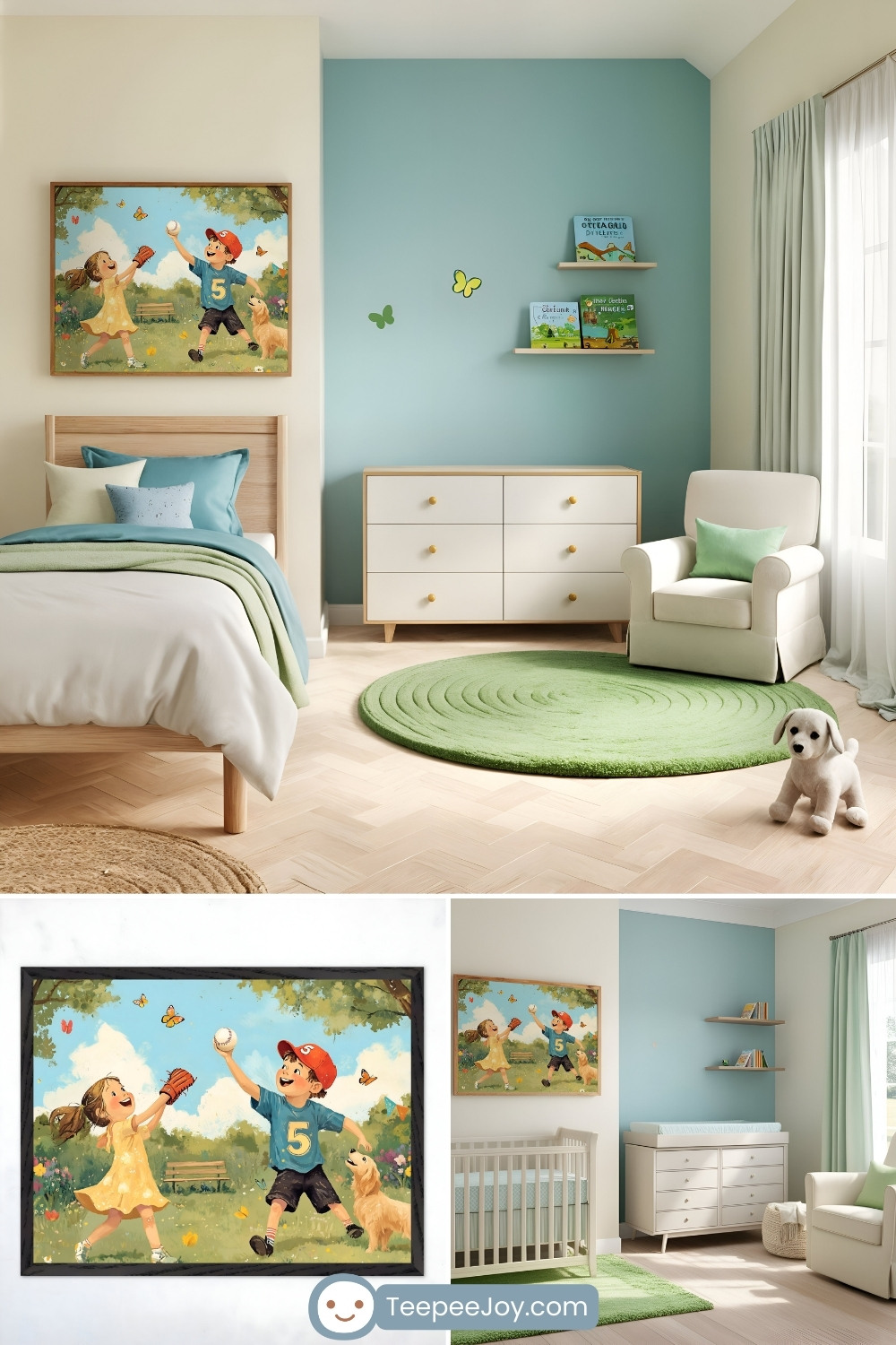 Playful kids' room with a baseball-inspired theme, featuring a framed illustration of two children playing catch in a sunny meadow with butterflies fluttering around and a golden retriever nearby. The room has pastel blue and cream walls, a cozy bed with green and blue bedding, a green circular rug, and white furniture, including a dresser and an armchair. A plush dog toy adds a whimsical touch to the cheerful and vibrant space.