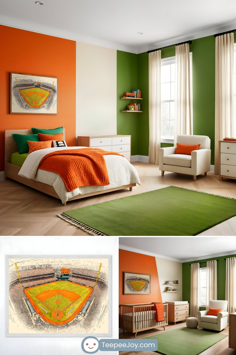 Vibrant kids' room with a baseball stadium theme, featuring a framed illustration of a colorful baseball field from an aerial perspective. The room is decorated with bold orange and green walls, complemented by a matching orange and green bedspread and pillow set. A green rug, natural wood furniture, and a cozy armchair with orange accents complete the dynamic and sporty design.