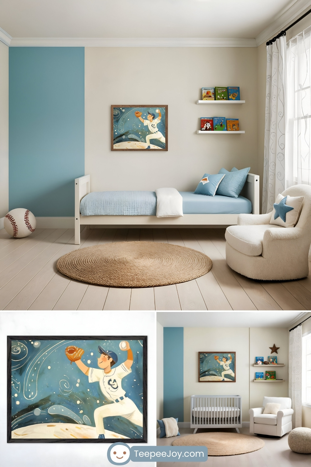 Cozy baseball-themed bedroom for a child with soft blue and cream tones. The room features a twin bed with light blue bedding, a circular woven rug, a plush armchair with a star pillow, and a playful framed illustration of a baseball player catching a ball. A crib and small shelves with children's books complete the charming and inviting decor.