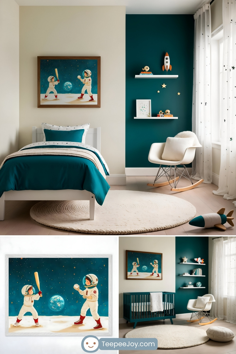Space-themed boys' bedroom featuring teal and cream decor, with a whimsical framed illustration of two astronauts playing baseball on the moon. The room includes a twin bed with teal bedding, a rocking chair, a circular woven rug, and playful decor like a toy rocket and star accents on the walls. A crib in matching teal completes the design, creating a fun and imaginative space for a child.