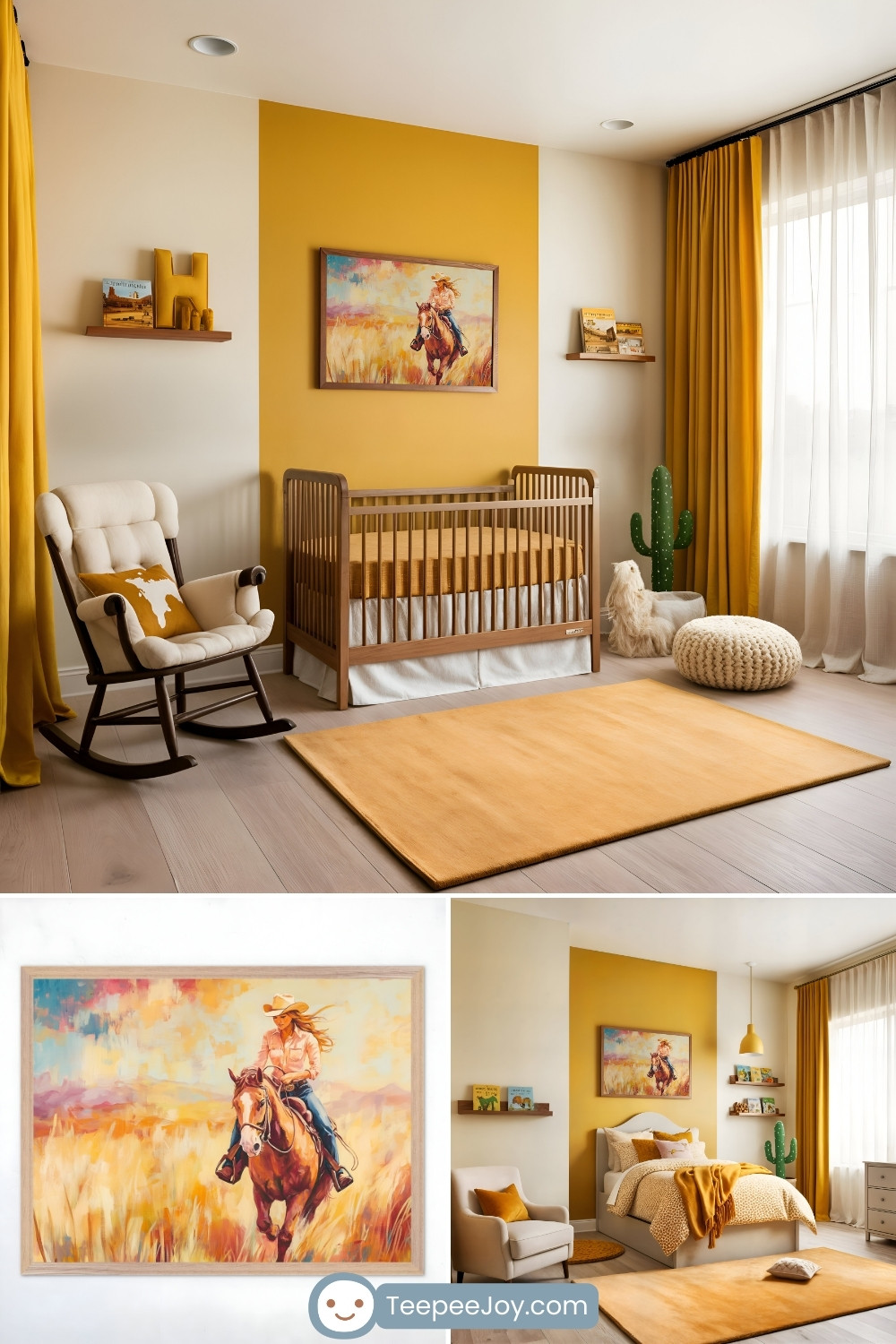 Bright and cheerful nursery with golden yellow and cream walls, featuring a warm-toned wooden crib, a soft mustard rug, and a rocking chair with a decorative pillow showing a cow print. The space includes playful decor such as a cactus plant, a knitted pouf, and floating shelves holding books. The focal point is a framed artwork of a cowgirl riding a horse through a vibrant, sunlit prairie.