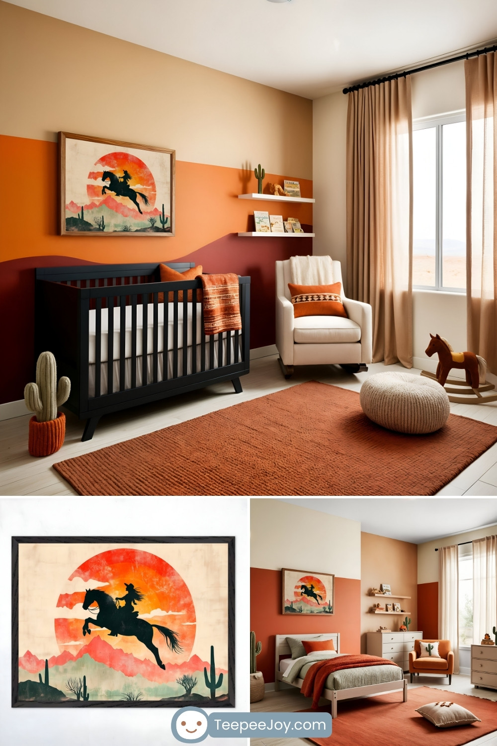 Desert-themed nursery with earthy tones of terracotta and beige on the walls, featuring a black crib with a cactus planter beside it, and a cozy armchair with a patterned orange pillow. The room includes a rust-colored rug, a knitted pouf, and a wooden rocking horse, complemented by floating shelves displaying books and decor. A striking framed artwork of a silhouetted cowgirl riding a galloping horse against a vivid sunset backdrop with desert cacti ties the theme together.