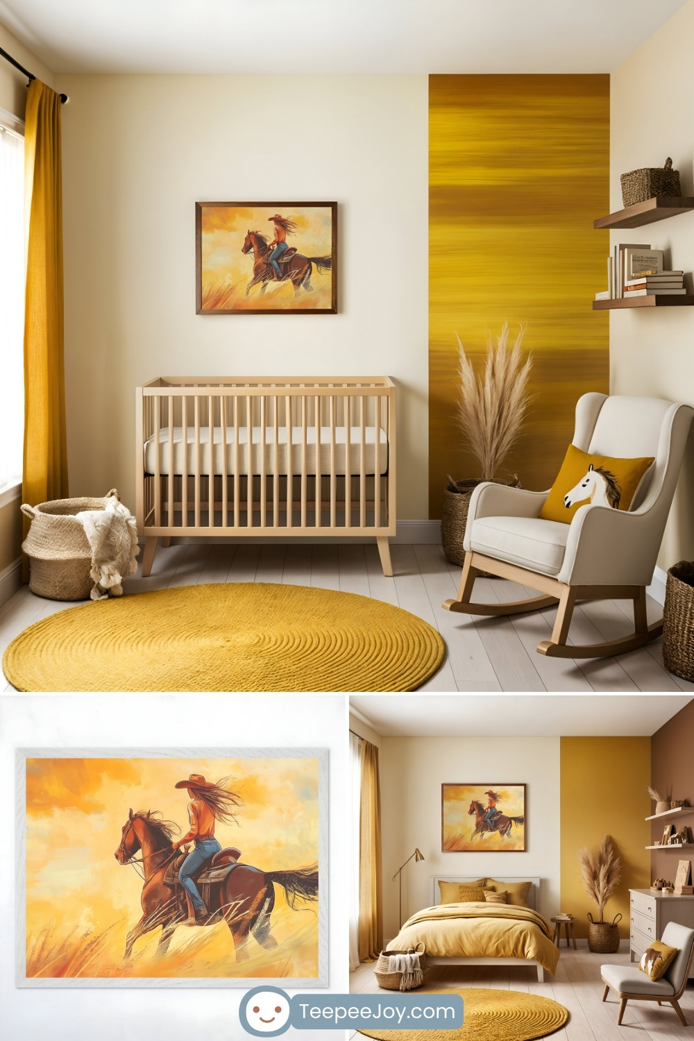 Sunny nursery with a yellow and cream color scheme, featuring a natural wood crib, a round yellow rug, and a rocking chair with a horse-themed cushion. The room is decorated with woven baskets, pampas grass, and floating shelves displaying books and storage items. A framed artwork of a cowgirl riding a horse through a golden field adds a dynamic and warm focal point to the space.