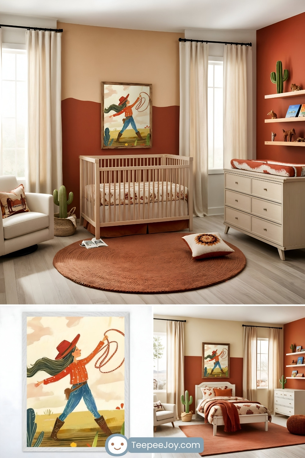 Southwestern-inspired nursery with a terracotta and beige color palette, featuring a natural wood crib, a white dresser with a cowhide-patterned changing pad, and a terracotta-colored round rug. The decor includes cactus plants, a cozy armchair with themed pillows, and floating shelves holding books and small figurines. A framed artwork of a cowgirl in a red hat lassoing adds a playful and vibrant touch to the space.