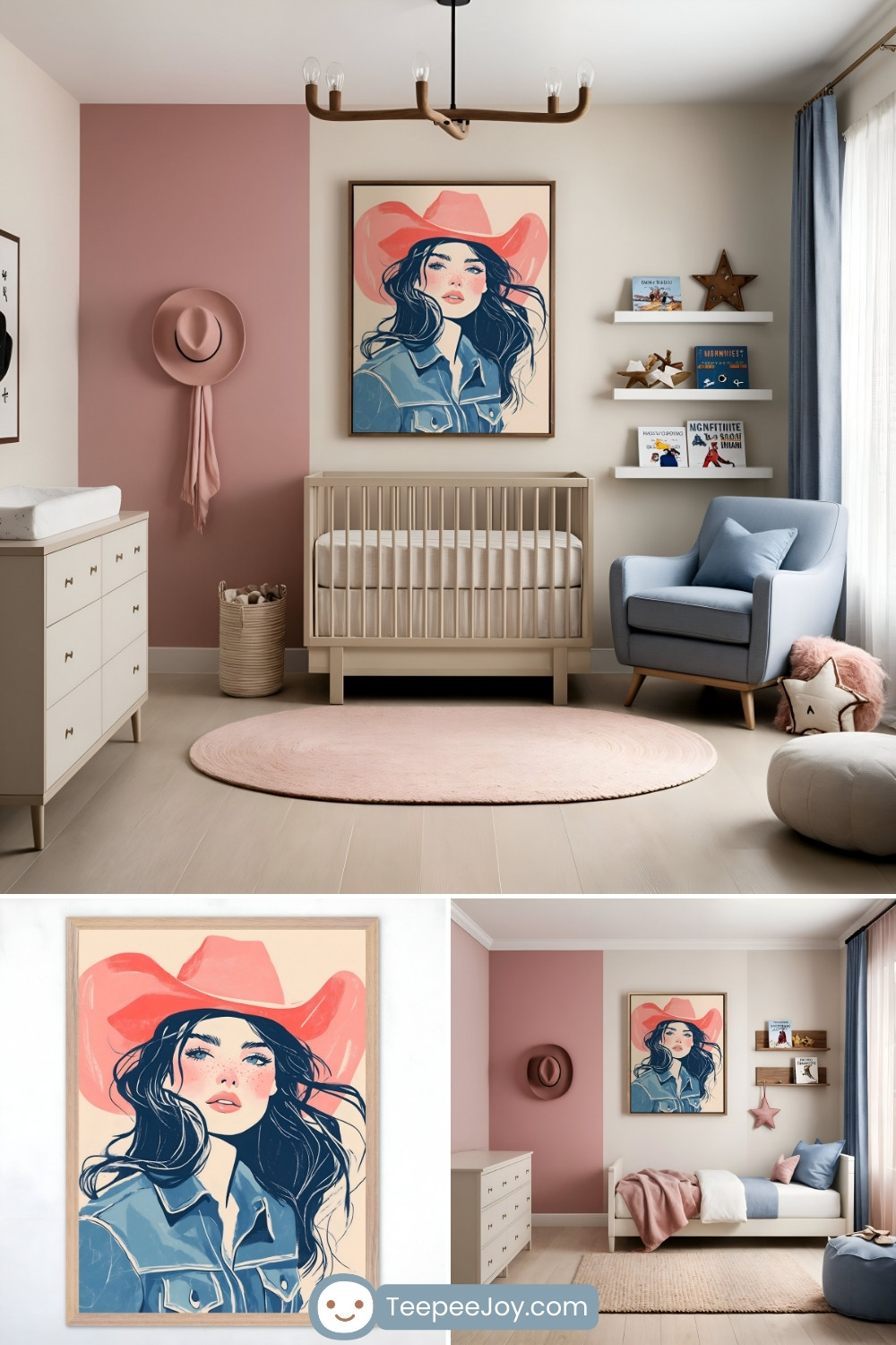 Chic cowgirl-inspired nursery with soft blush and cream walls, featuring a natural wood crib, a light pink round rug, and a plush blue armchair. Decor includes floating shelves with books and star-themed ornaments, a wall-mounted pink cowboy hat, and a cozy pouf with pillows. The centerpiece is a framed portrait of a stylish cowgirl wearing a bold pink hat and denim shirt, adding a modern and artistic touch.