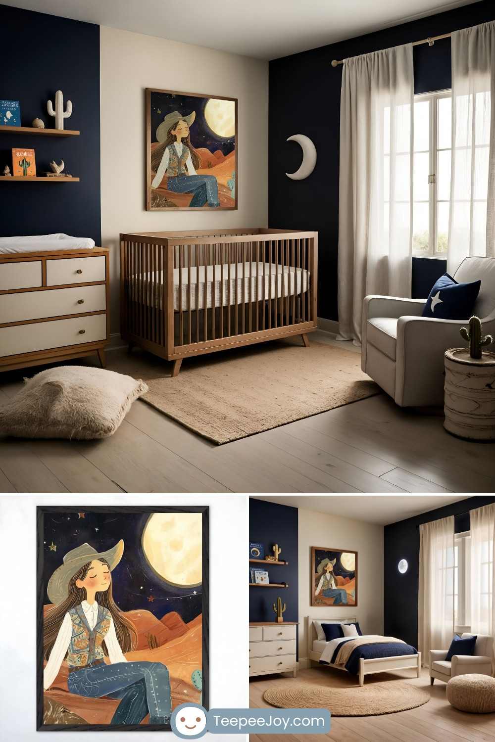 A celestial-inspired nursery with navy blue and cream walls, featuring a natural wood crib, a plush rocking chair with a star-themed pillow, and a beige rug. Decor includes a crescent moon wall ornament, floating shelves with books and cactus accents, and a cozy fur floor pillow. The centerpiece is a framed artwork of a cowgirl sitting peacefully under a full moon and starry night in a desert setting, adding a dreamy and whimsical touch.