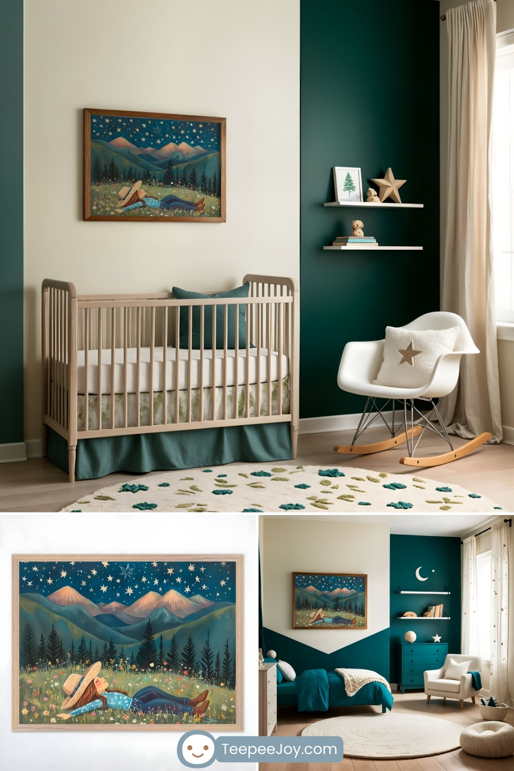 Cozy nursery featuring a natural wood crib with green and white bedding, a white rocking chair with a star pillow, and a vibrant rug with leaf patterns. The walls are painted in a mix of deep green and cream, adorned with floating shelves holding small decor items. A focal point is a framed painting of a cowgirl lying in a flower field under a starry sky, surrounded by mountains and pine trees.