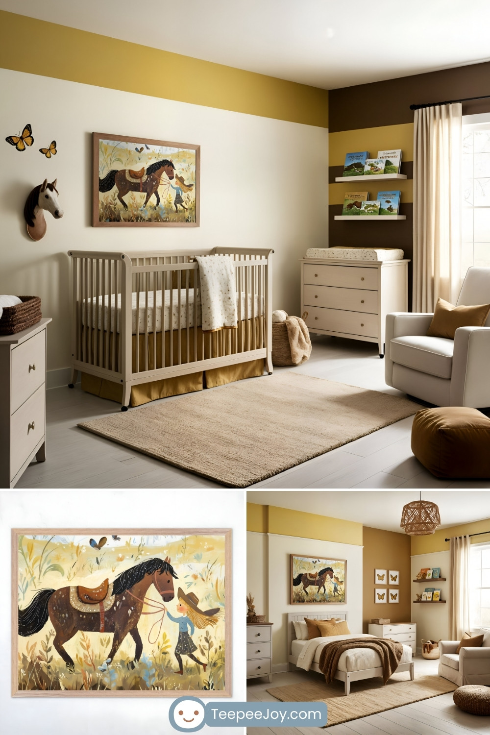 Cozy nursery and children's room with a cowgirl and horse theme. The nursery features a beige crib, a wall-mounted horse head, butterfly decorations, and a framed painting of a girl leading a horse. The room includes warm tones of beige, yellow, and brown, with matching furniture, bookshelves, and a soft area rug. TeepeeJoy branding is subtly displayed on the bottom image of the collage.