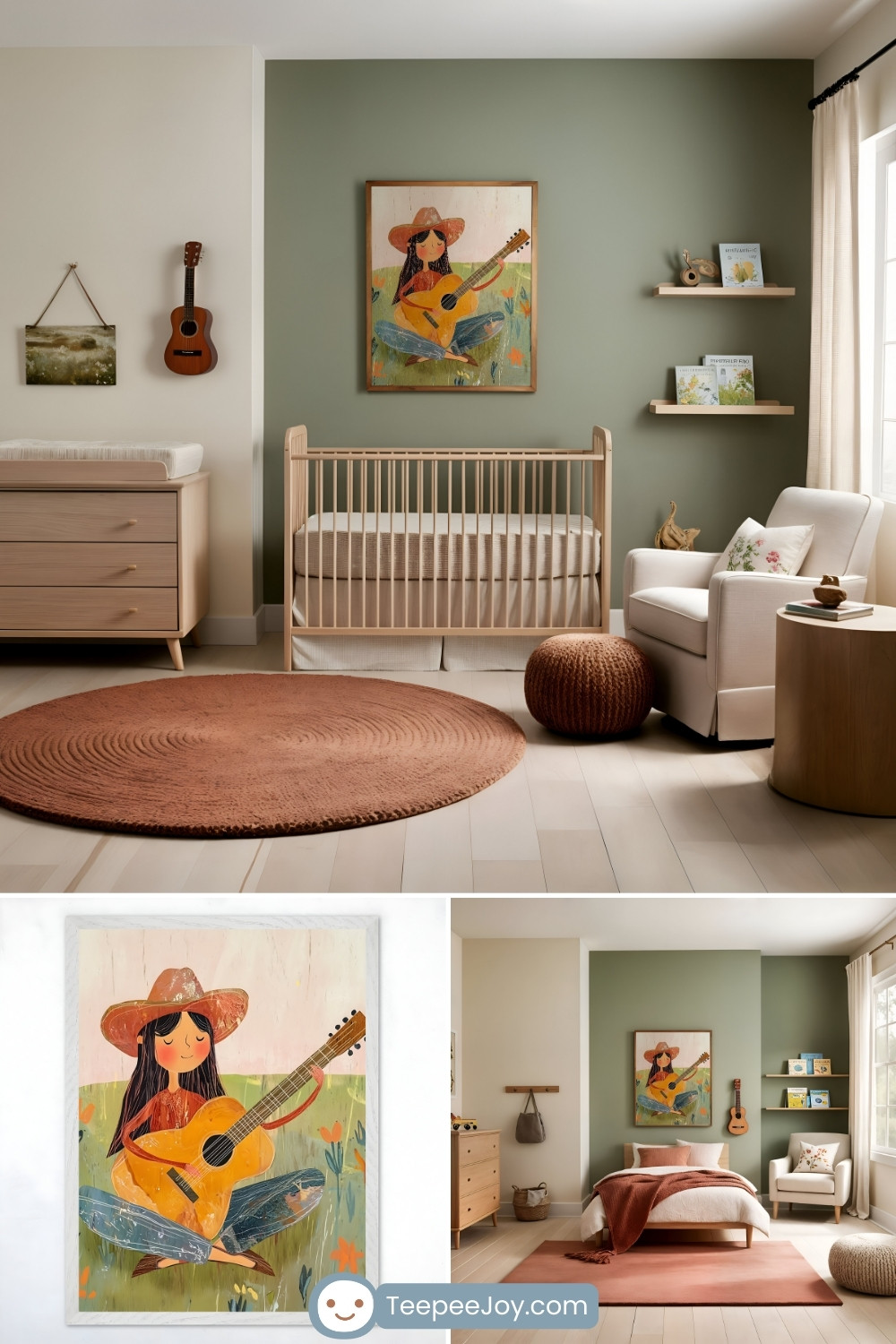 Charming nursery and kids' room with a cowgirl theme, featuring a framed painting of a girl in a hat playing a guitar, displayed on a sage green accent wall. The room includes a light wooden crib, a round terracotta rug, and decor such as a small hanging guitar and shelves with children's books. The cozy design uses earthy tones, soft lighting, and natural textures for a warm, inviting feel. TeepeeJoy branding is subtly visible in the bottom image of the collage.