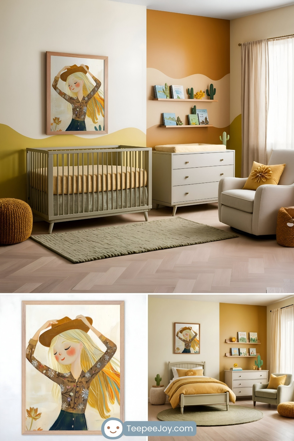 Stylish nursery and children's room featuring a cowgirl theme with earthy tones of yellow, beige, and green. The nursery includes a framed painting of a blonde girl in a cowgirl hat, complemented by a beige crib, cactus-themed decorations, and a dresser with a changing pad. The room is accentuated by a warm desert-inspired wall design and cozy furniture like a plush chair and ottoman. TeepeeJoy branding is subtly shown in the bottom image of the collage.