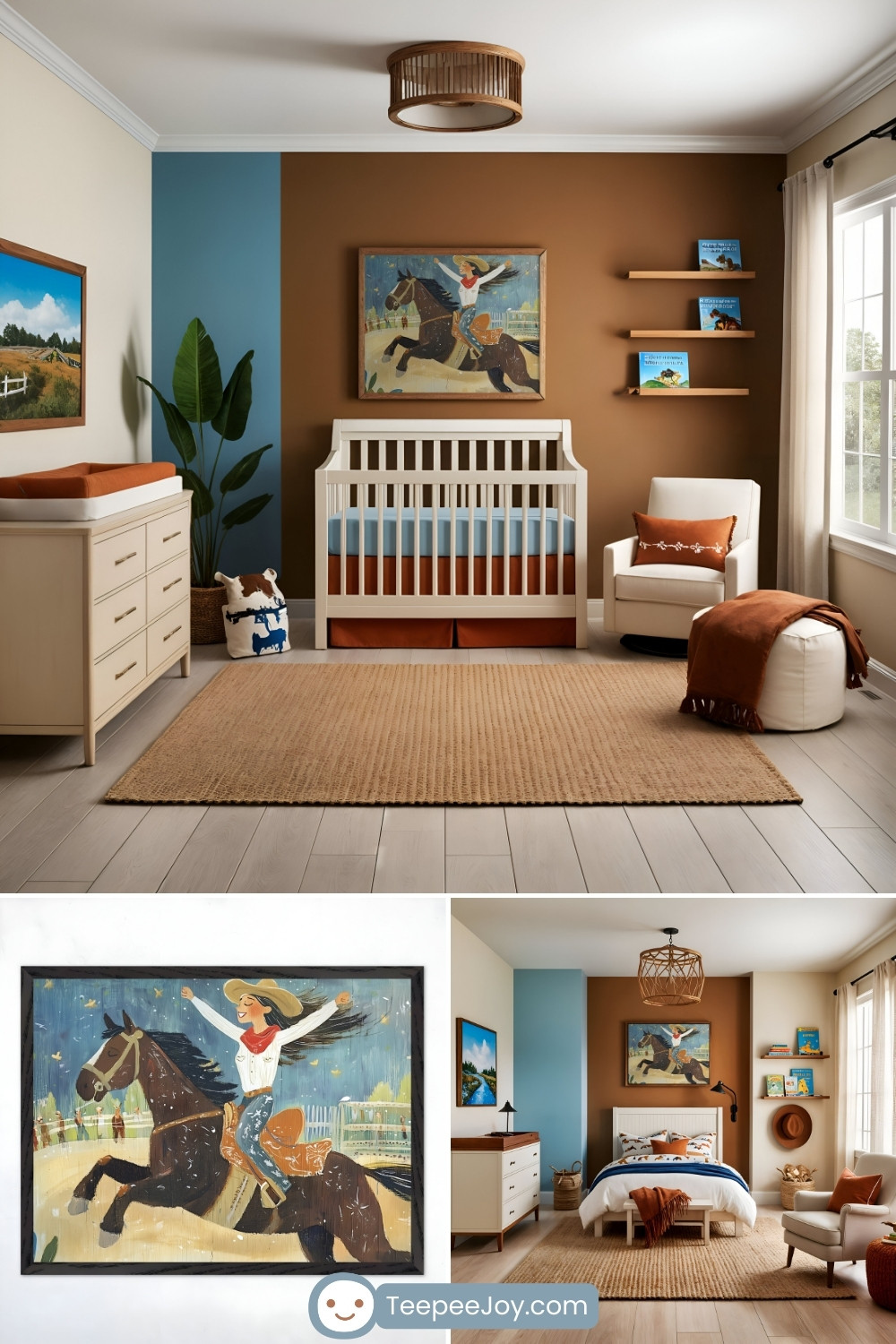 Vibrant nursery and children's room with a bold cowgirl theme, featuring a framed painting of a girl riding a galloping horse, displayed on a rich brown accent wall. The room includes a white crib with blue and rust bedding, a cozy armchair with a matching ottoman, and warm decor such as a jute rug and earthy tones. Highlights include a dresser with a changing pad, floating bookshelves, and a cactus-themed pillow, all under a natural wood light fixture. TeepeeJoy branding is subtly displayed in the bottom image of the collage.