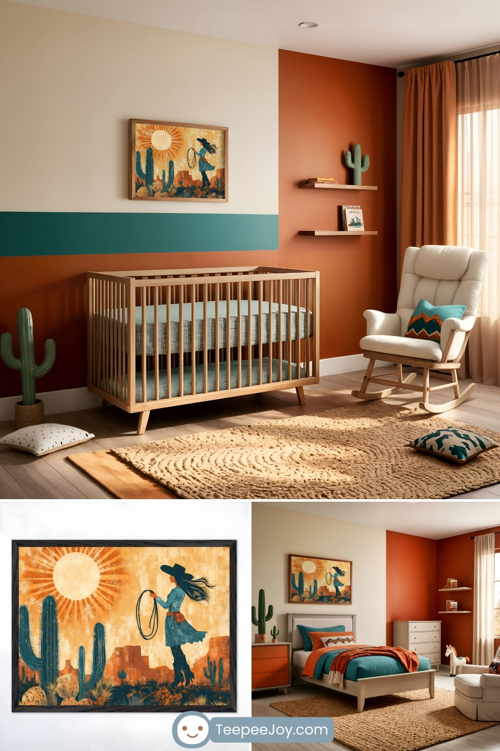 Southwestern-themed nursery with warm terracotta walls accented by a teal stripe, featuring a natural wood crib and a cozy rocking chair with patterned pillows. The room includes a woven rug, cactus-shaped decor, and floating shelves with books and ornaments. A framed artwork of a cowgirl lassoing under a sunlit desert landscape with cacti adds character to the space.