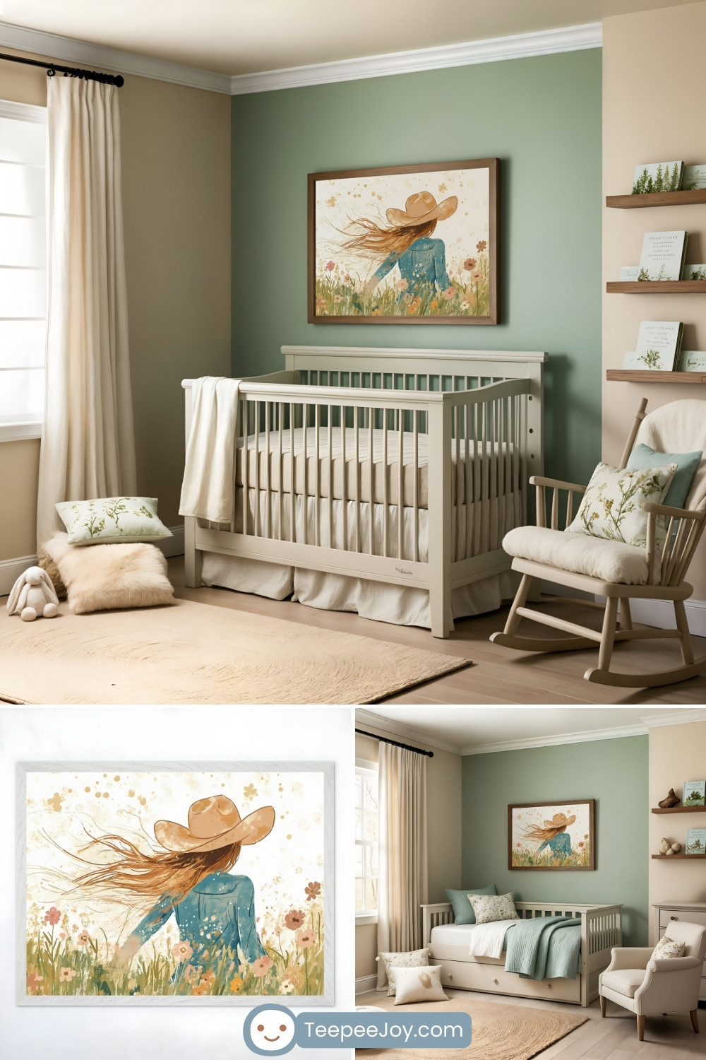 Serene nursery with sage green and beige walls, featuring a cream-colored crib, a rocking chair with floral-themed cushions, and soft, neutral decor. A cozy corner includes plush floor pillows and a bunny toy, while floating shelves display books with nature-inspired themes. The centerpiece is a framed artwork of a cowgirl in a wide-brimmed hat, standing in a wildflower field with her hair blowing in the wind.