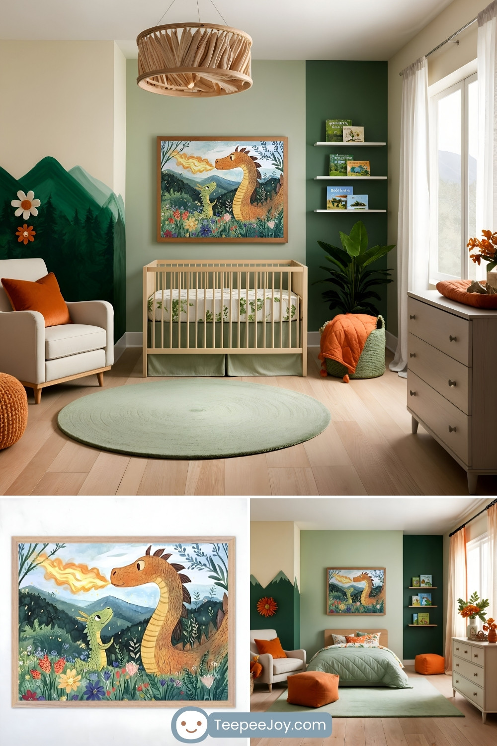 Cheerful nursery with a green and cream color scheme, featuring a framed illustration of a dragon breathing fire as a baby dragon looks on in a vibrant meadow. The room includes a wooden crib, a mint green circular rug, and orange accents such as a pouf, blanket, and pillows. Decor elements include a mountain mural with flower details, floating shelves with books, and a potted plant, creating a whimsical and playful atmosphere.