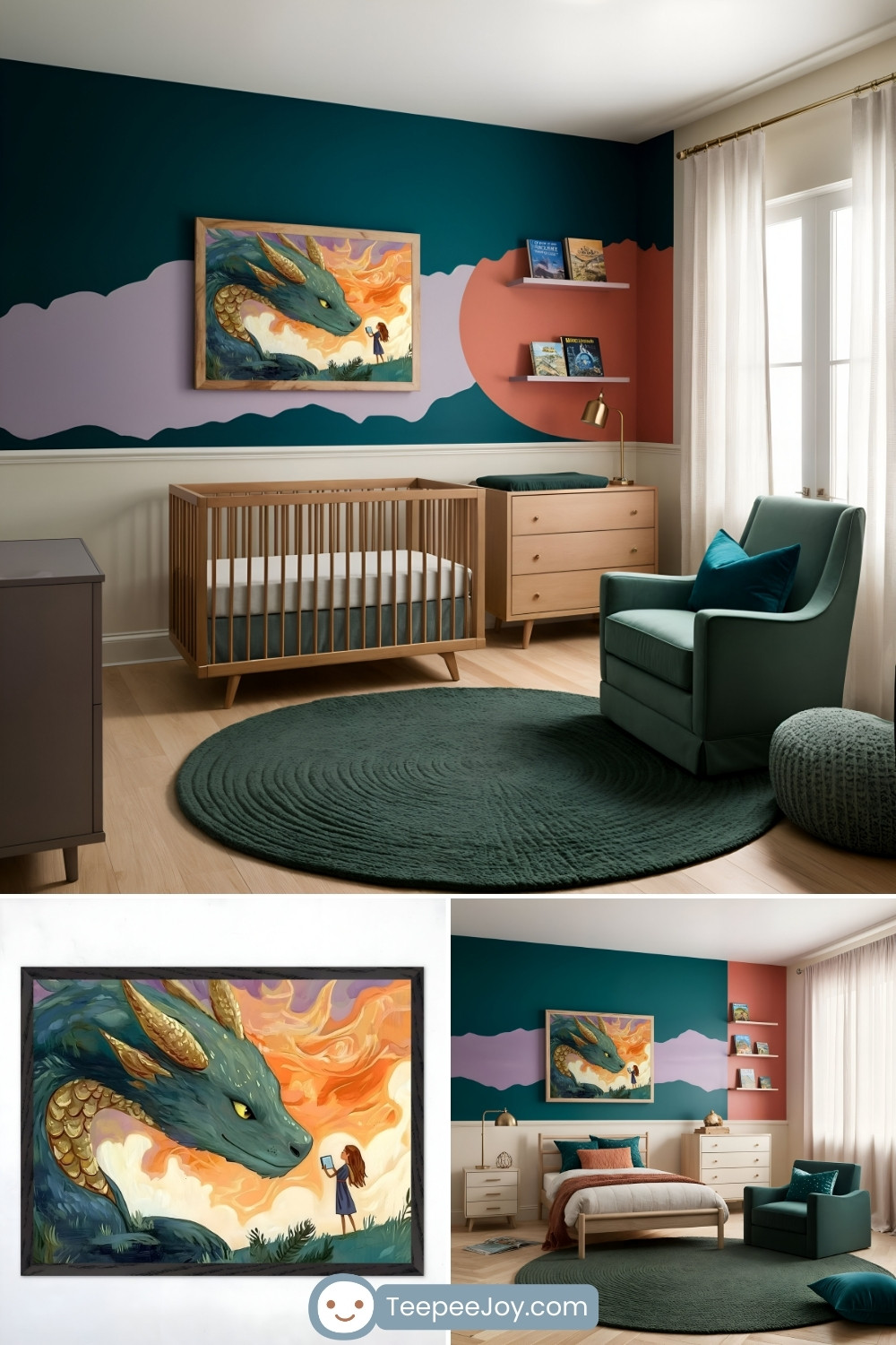 Bold and imaginative nursery with teal, coral, and lavender walls, featuring a framed artwork of a green dragon and a child against a fiery sky. The room includes a wooden crib, a matching teal circular rug, a cozy armchair with teal cushions, and light wood furniture such as a dresser and shelving with books. The color palette and fantastical decor create a vibrant and adventurous atmosphere.