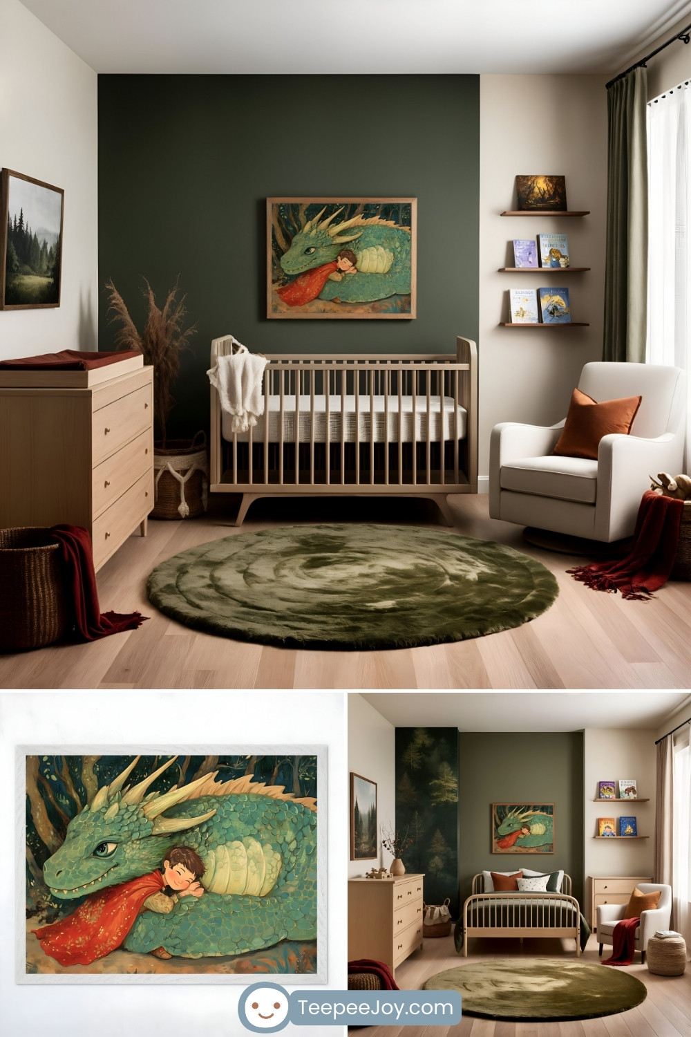 Warm and earthy nursery featuring deep green walls and a framed illustration of a child snuggling with a large green dragon wrapped in a red blanket. The room includes a wooden crib, a moss-green circular rug, a white armchair with an orange pillow, and a dresser with natural wood tones. Cozy decor elements, like woven baskets, pampas grass, and bookshelves, enhance the tranquil and whimsical vibe.