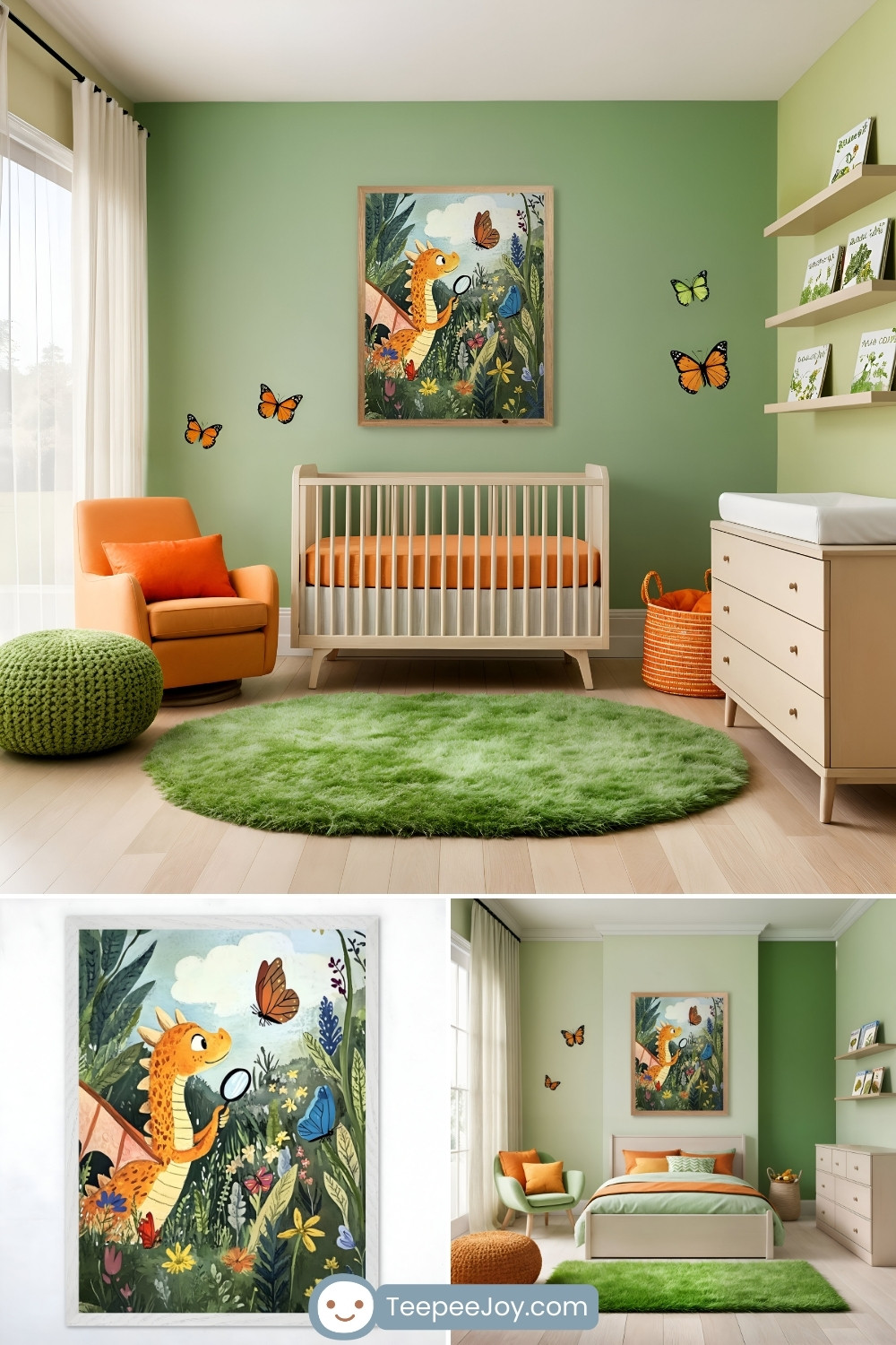 Bright and playful nursery with light green walls featuring a framed illustration of an orange dragon exploring flowers and butterflies with a magnifying glass. The room includes a wooden crib with an orange mattress, a fluffy green circular rug, an orange armchair with a matching pillow, and shelves with children's books. Butterfly decals and natural textures create a vibrant, nature-inspired space with a whimsical touch.