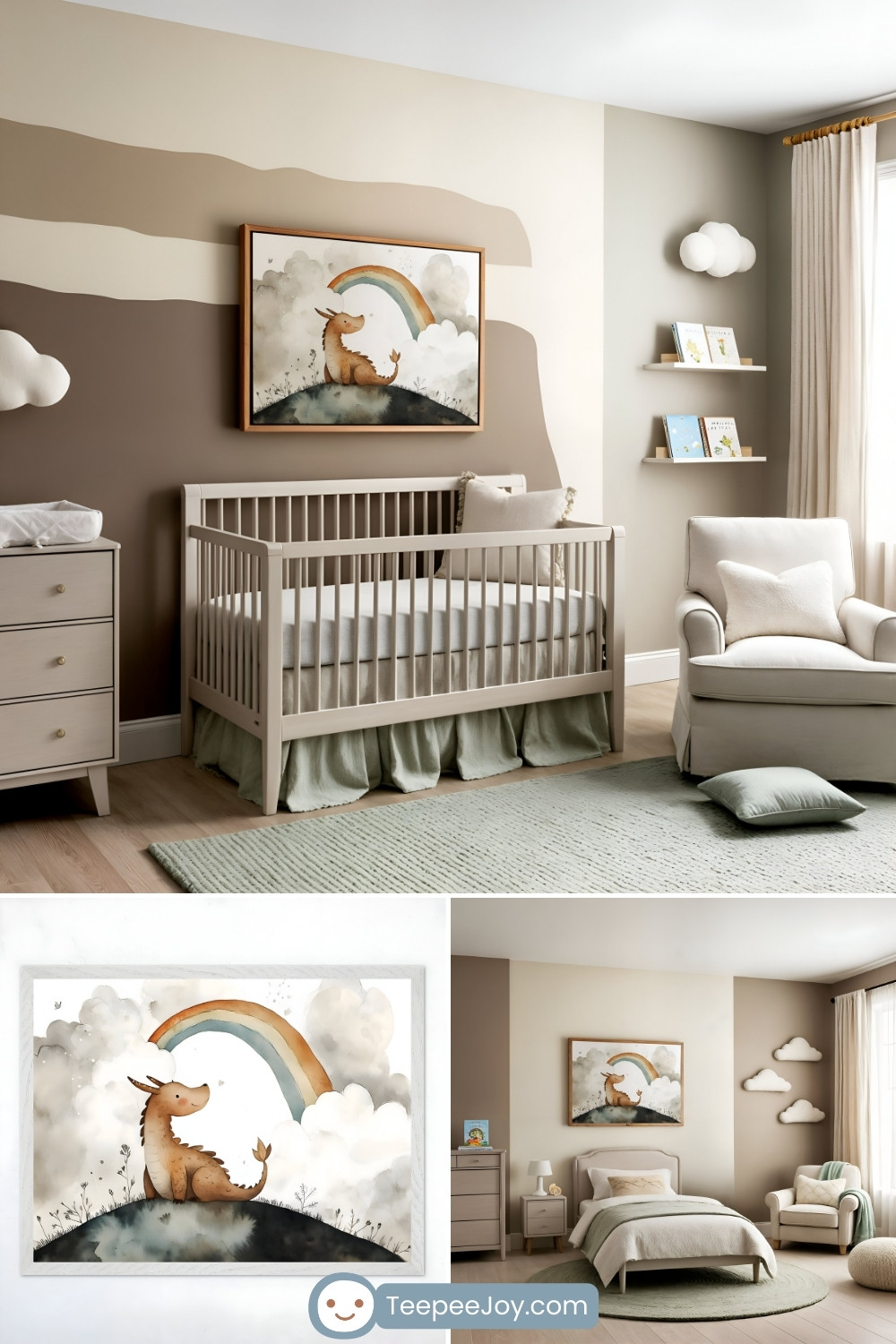 Soft and serene nursery with beige and taupe tones featuring a framed illustration of a brown dragon sitting on a hill under a rainbow with fluffy clouds. The room includes a wooden crib, a textured light green rug, a cozy white armchair, and cloud-shaped wall decor. Minimalist furnishings and muted colors create a calming and dreamy atmosphere.