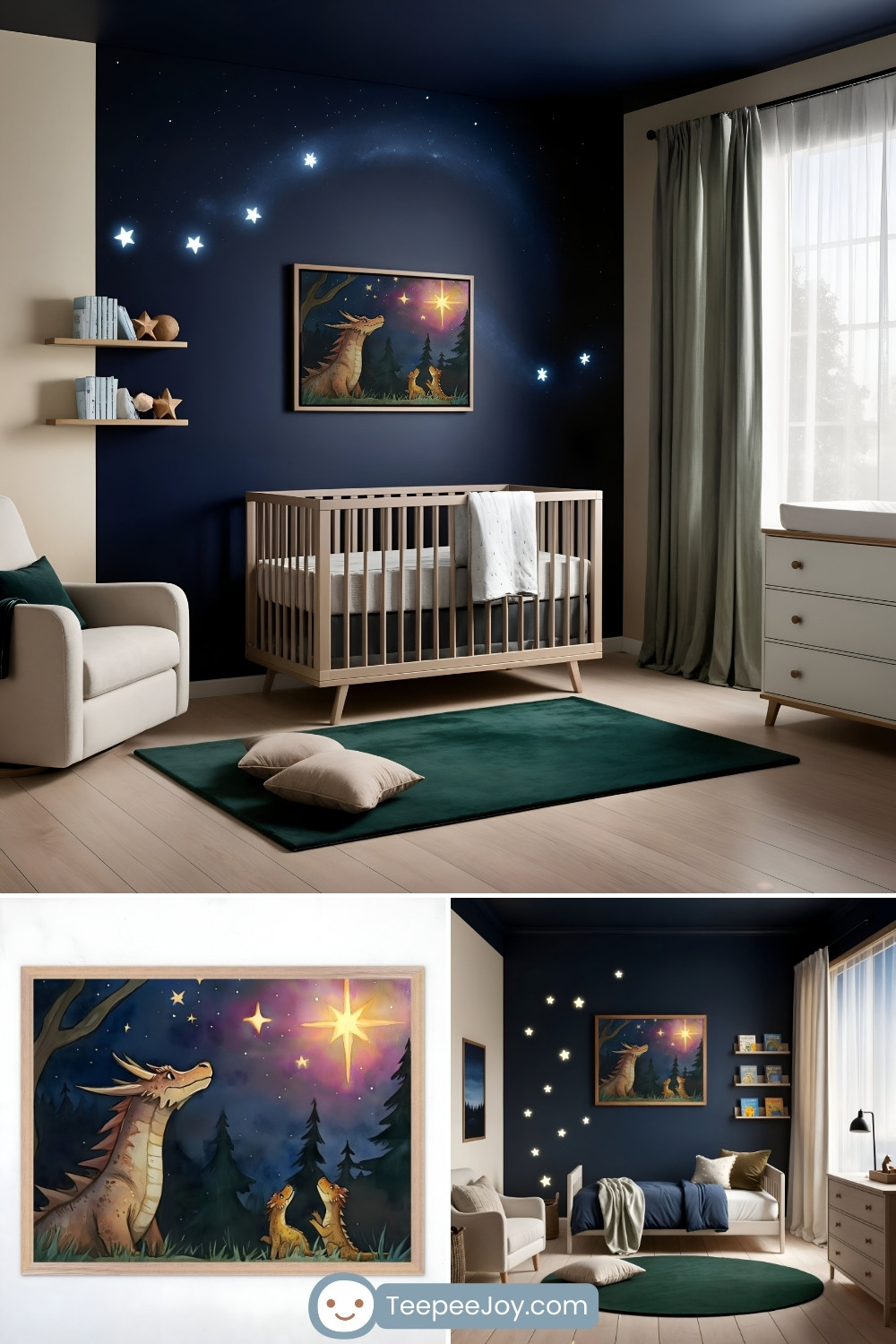 A magical nursery with navy blue walls featuring a framed illustration of a dragon and two dragonlings gazing at a bright star in a night sky. The room includes a wooden crib, a plush green rectangular rug, and celestial accents like glowing star decals. Natural wood furniture and soft lighting create a peaceful, starry-night-inspired atmosphere.
