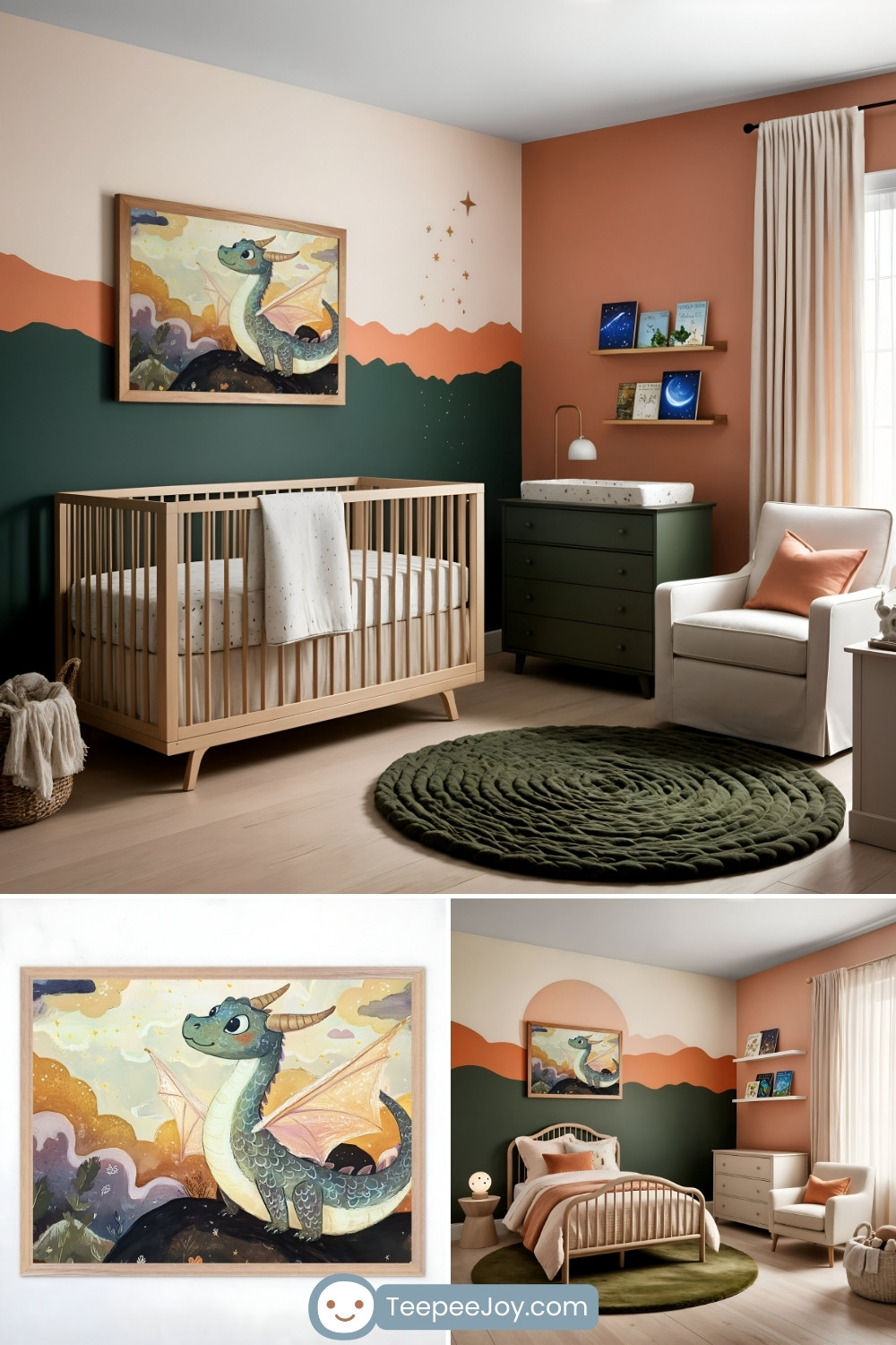 Cozy nursery featuring a dragon-themed design, with a wooden crib, a deep green dresser, and a white armchair with a peach pillow. The walls are painted in warm tones of peach, green, and cream, accented with a whimsical dragon artwork framed above the crib. The decor includes a green braided rug, soft lighting, and neatly styled shelves with books, creating a calm and imaginative space.