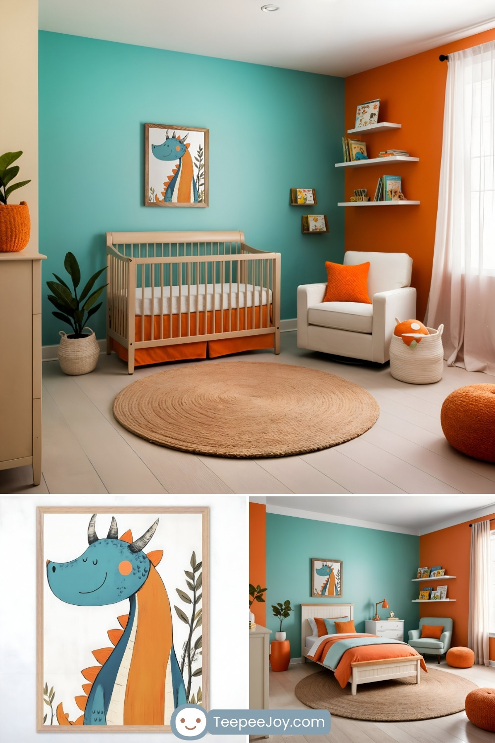 Vibrant nursery with a turquoise and orange color scheme, featuring a framed illustration of a cheerful blue and orange dragon. The room includes a wooden crib with an orange bed skirt, a natural woven circular rug, a white armchair with an orange pillow, and shelves displaying children's books and decor. Bright accents, potted plants, and playful furnishings create a lively and cheerful atmosphere.
