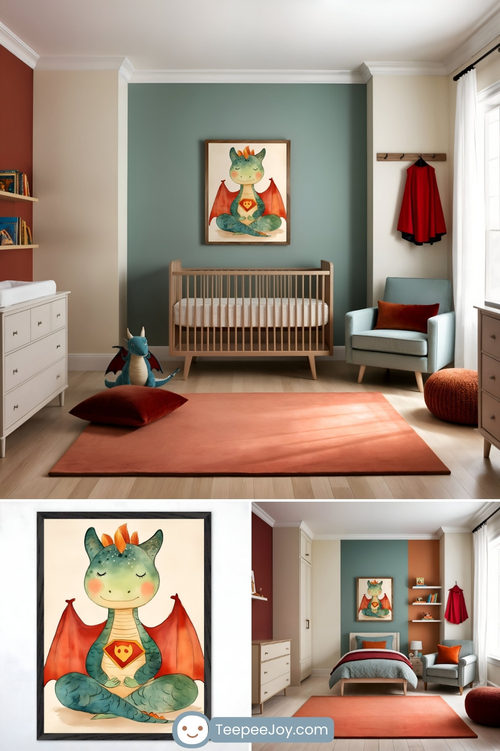 Charming nursery with a muted teal and terracotta color scheme, featuring a framed illustration of a meditating green dragon with red wings and a superhero emblem. The room includes a wooden crib, a terracotta rectangular rug, a light blue armchair with a rust-colored pillow, and playful accents like a small dragon plush and a red cape hanging on the wall. The cozy and imaginative decor creates a warm, heroic vibe.