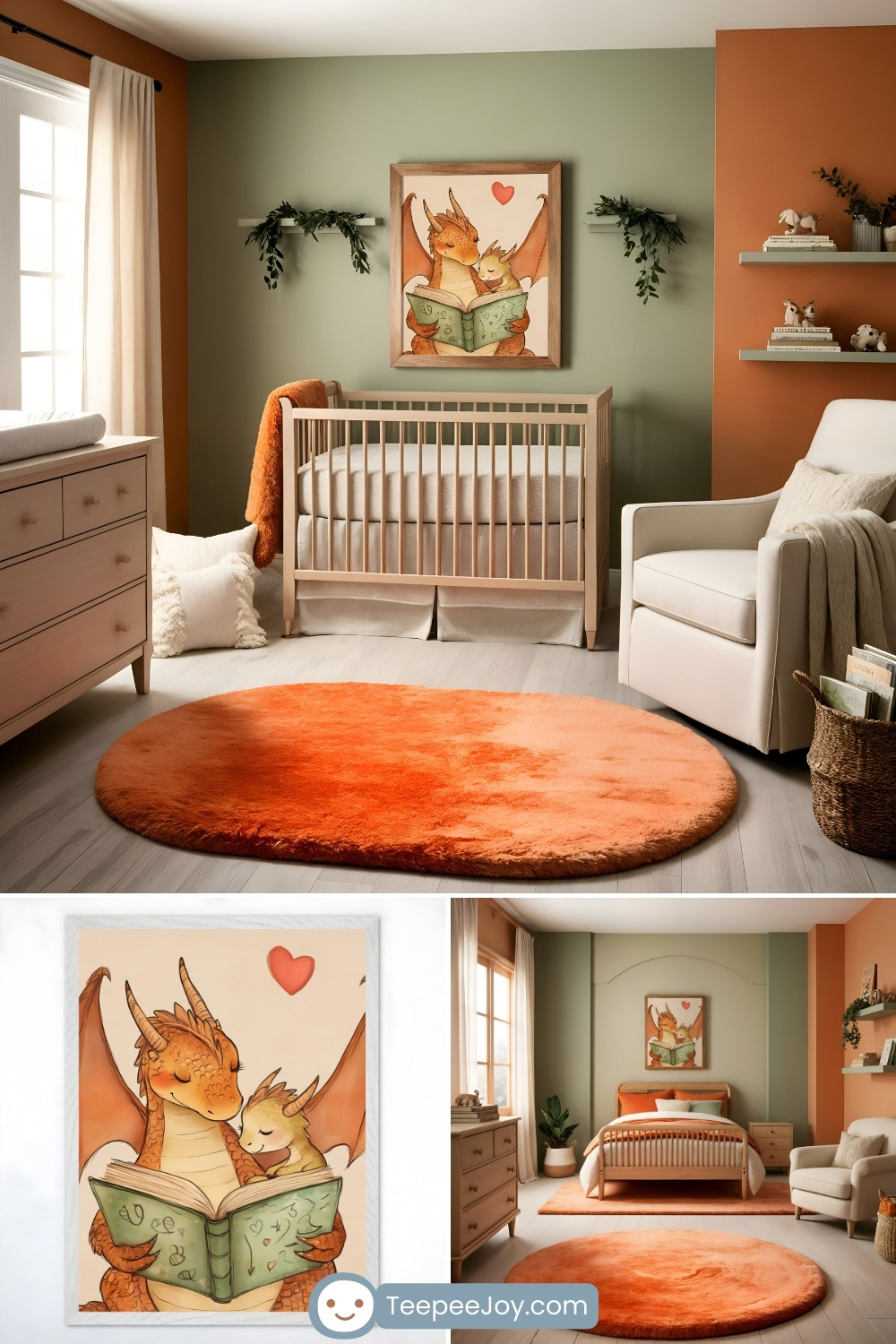A cozy nursery with dragon-themed decor featuring a soft orange circular rug, a light wood crib, and green and terracotta accent walls. Above the crib hangs an illustration of two dragons cuddling and reading a book together with a heart above them. The room includes a cream armchair, a wooden dresser, and floating shelves with plants and toys, creating a warm and whimsical atmosphere.