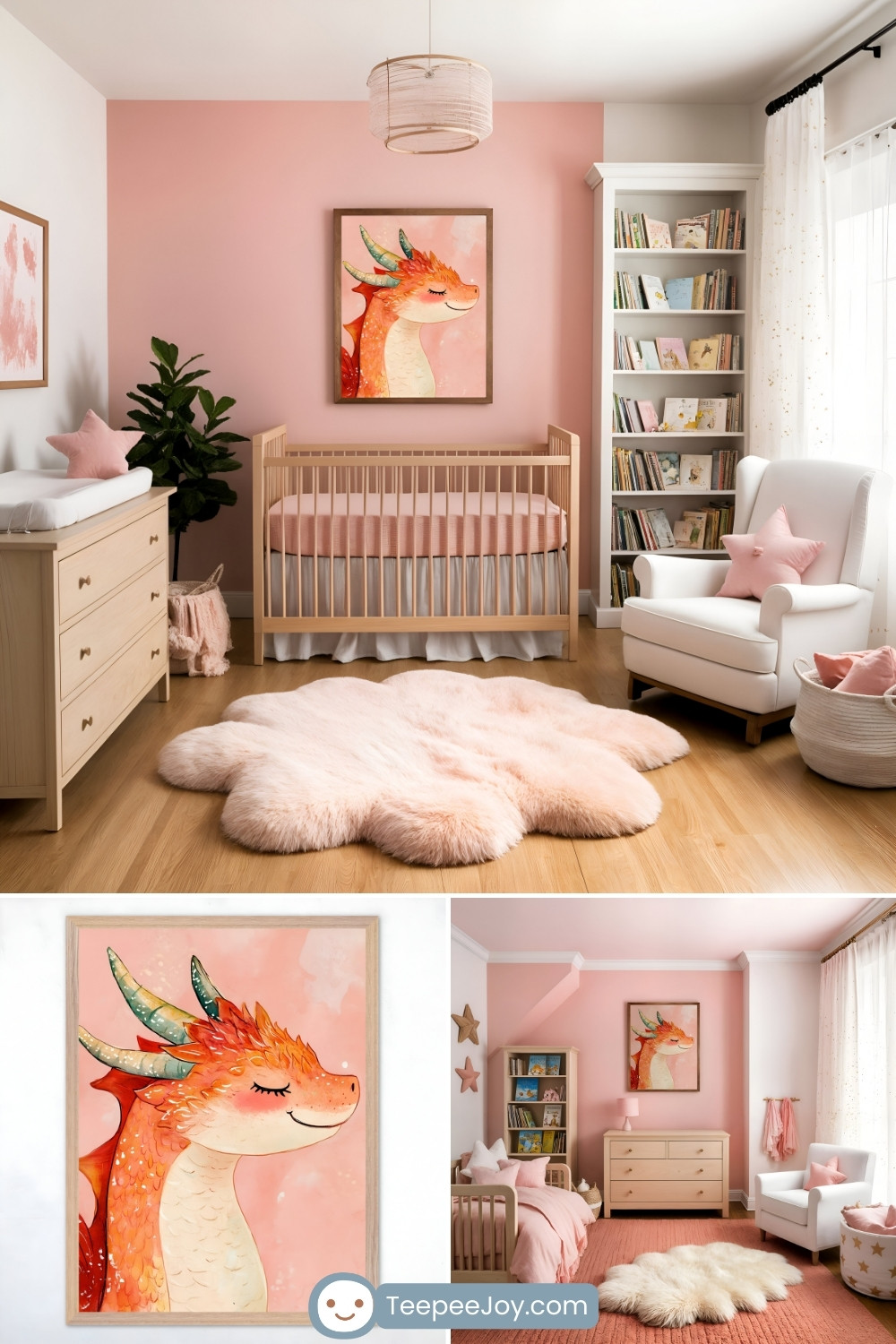 Pastel pink nursery featuring a dragon-themed design with a framed artwork of a serene orange dragon with colorful horns as the centerpiece. The room includes a light wood crib, a white armchair with a pink star-shaped pillow, and a plush, cloud-shaped pink rug on the wooden floor. Shelves filled with books and decor, as well as soft lighting and airy curtains, create a cozy and whimsical atmosphere.