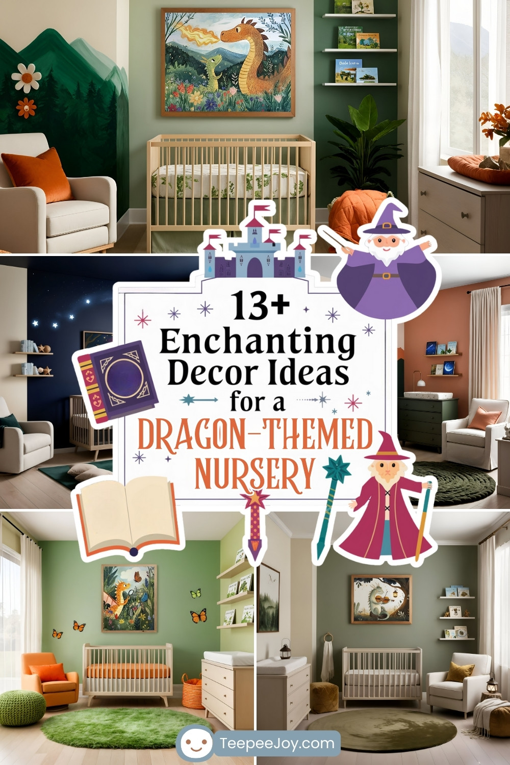 Collage of dragon-themed nursery designs with vibrant decor and whimsical details. Each room features wooden cribs, dragon artwork, magical accents like fairy tale books, starry murals, and playful color palettes of green, orange, and beige. Overlay text reads '13+ Enchanting Decor Ideas for a Dragon-Themed Nursery' with illustrations of a wizard, magic wand, and a storybook, branded by TeepeeJoy.com.