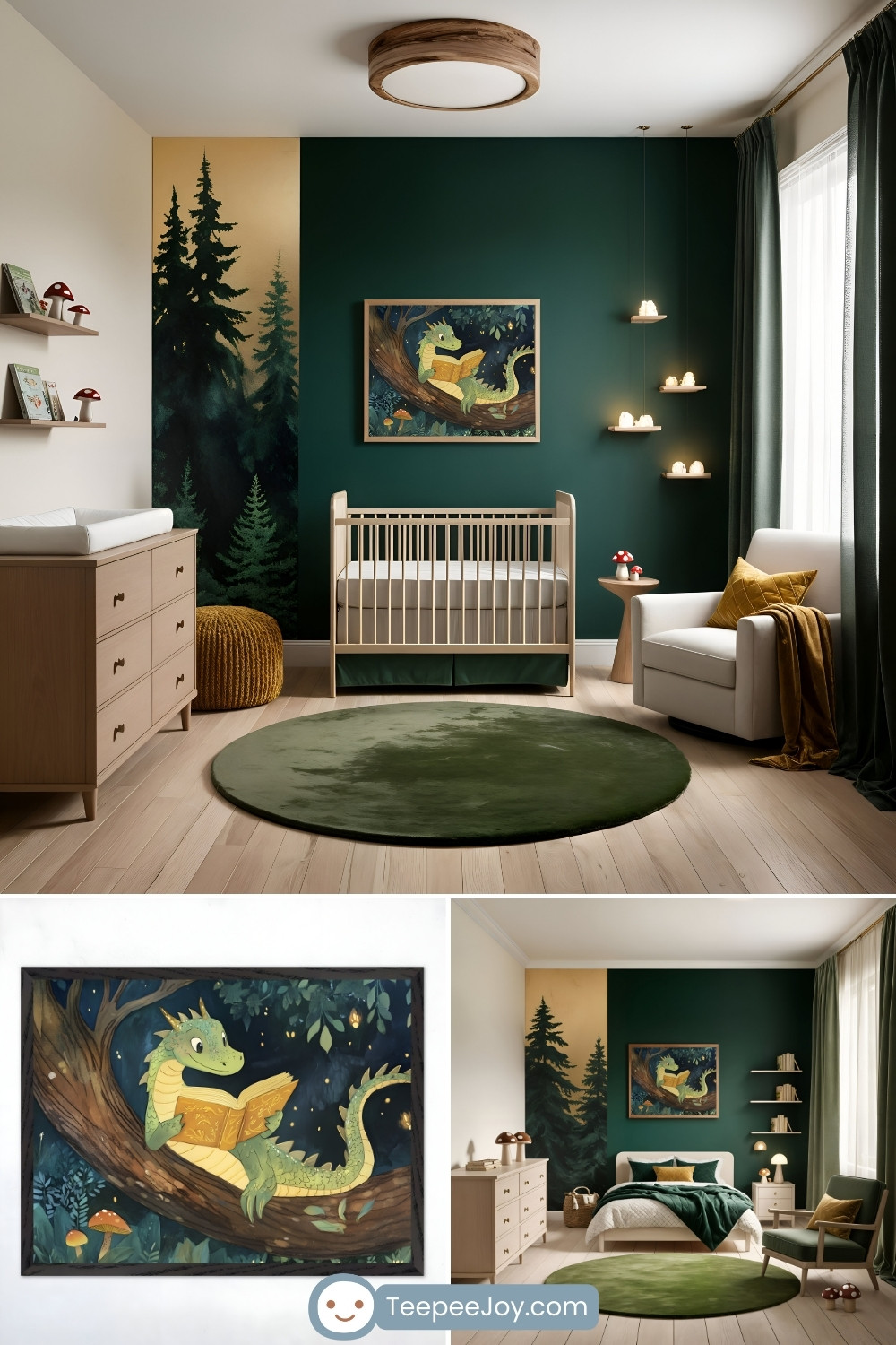 A woodland-themed nursery with deep green walls and natural wood accents, featuring a framed artwork of a dragon reading a book perched on a tree branch. The space includes a wooden crib, a green circular rug, a white armchair with a mustard yellow pillow, and shelves adorned with books and mushroom decor. The room's ambiance is cozy and magical, enhanced by a forest mural, soft lighting, and a calming palette of earthy tones.